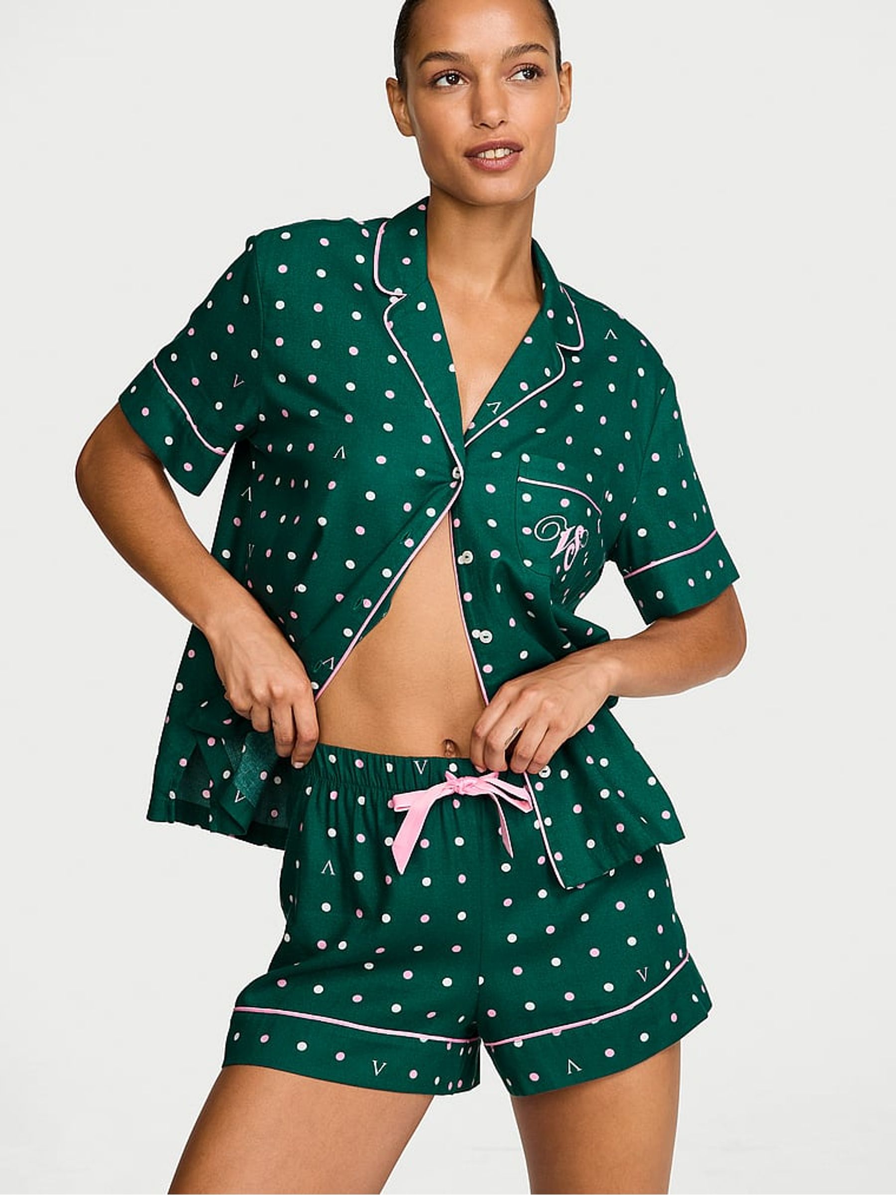 Green Polka Dot Flannel Shorts Pyjama Set - Image 1 of 2