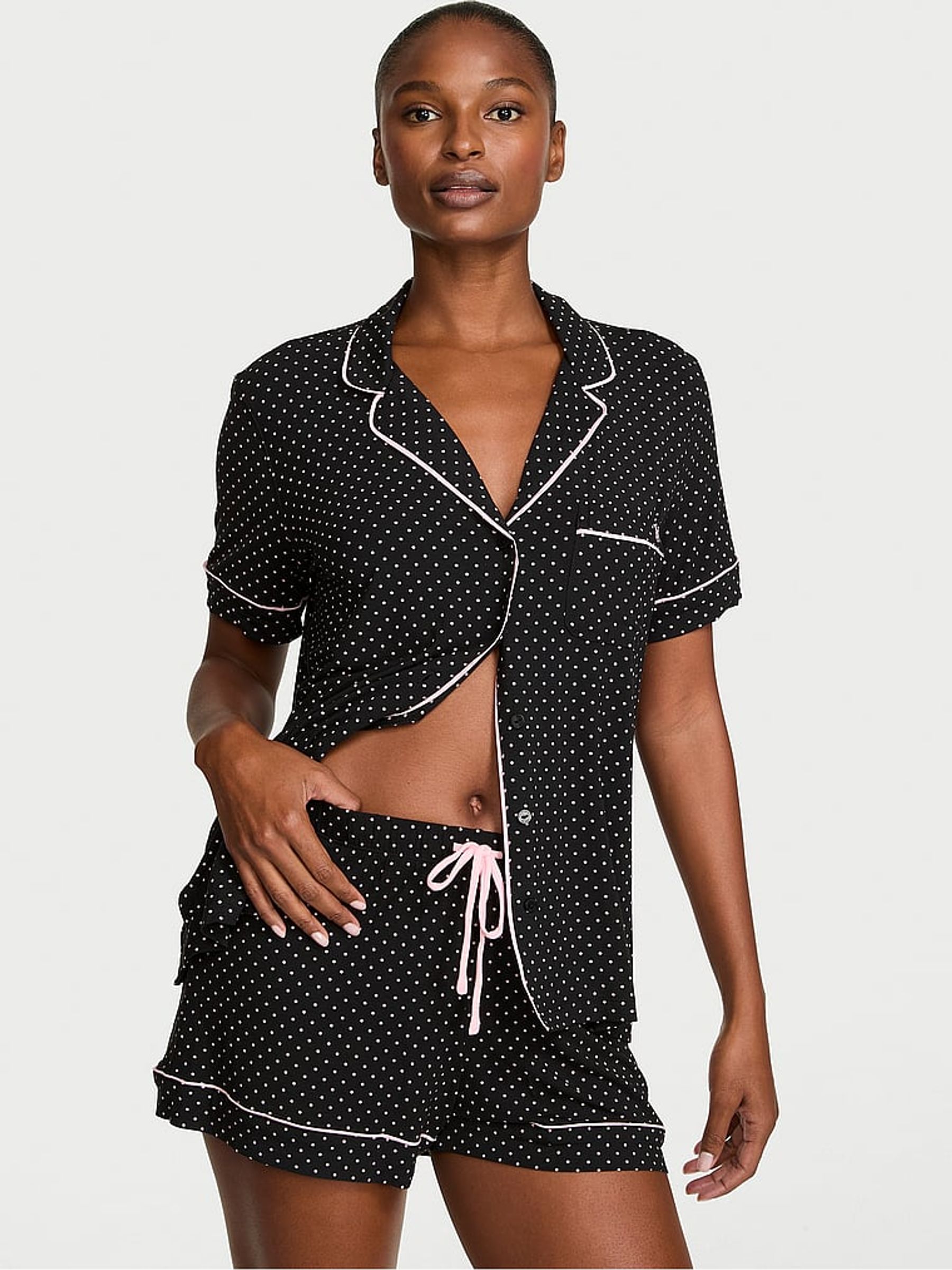 Black & Pink Polka Dot Modal Short Pyjamas Set - Image 1 of 3 Black & Pink Polka Dot Modal Short Pyjamas Set - Image 1 of 3