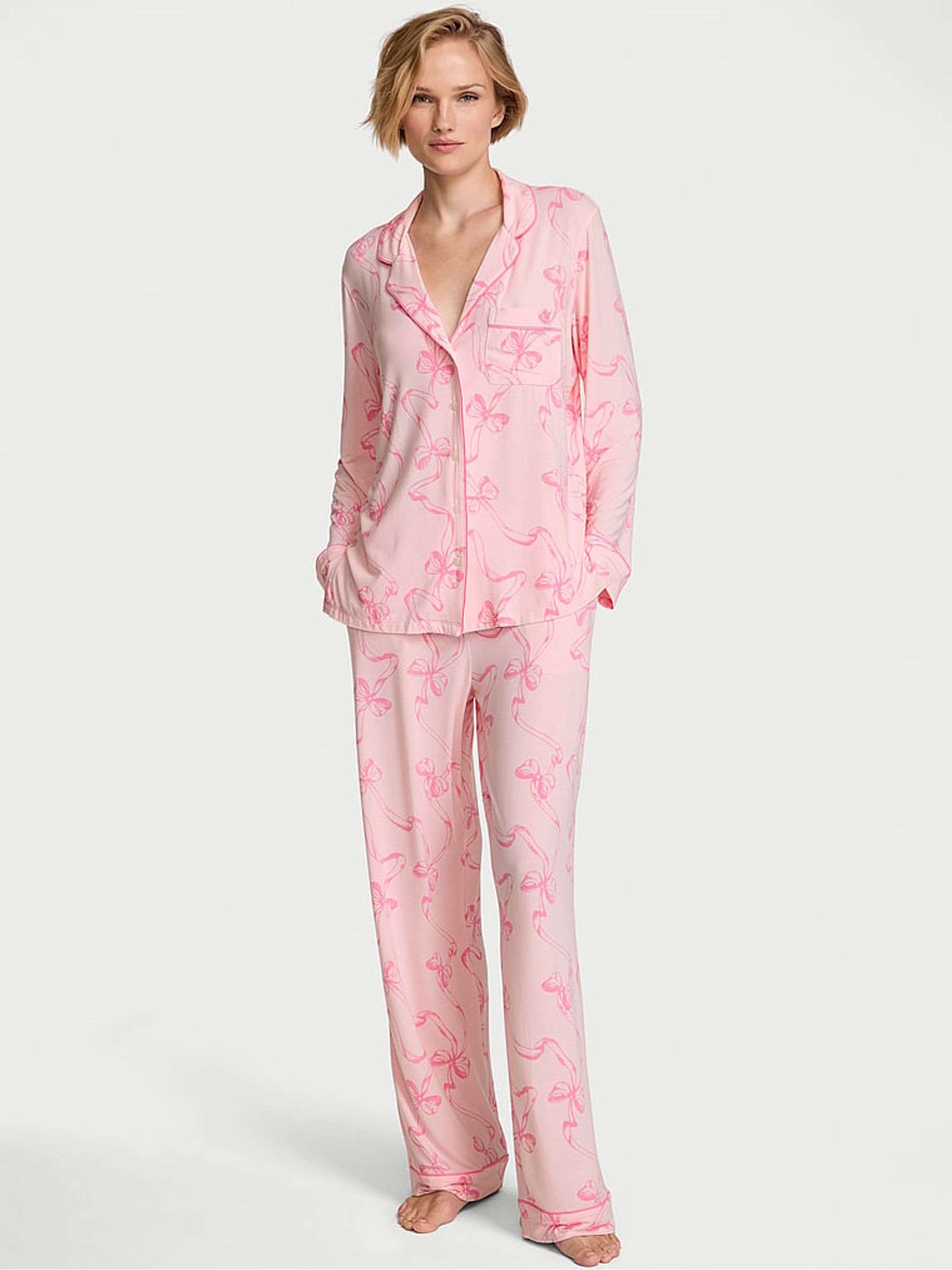 Angel Pink Bows Modal Long Pyjamas Set - Image 2 of 5 Angel Pink Bows Modal Long Pyjamas Set - Image 2 of 5