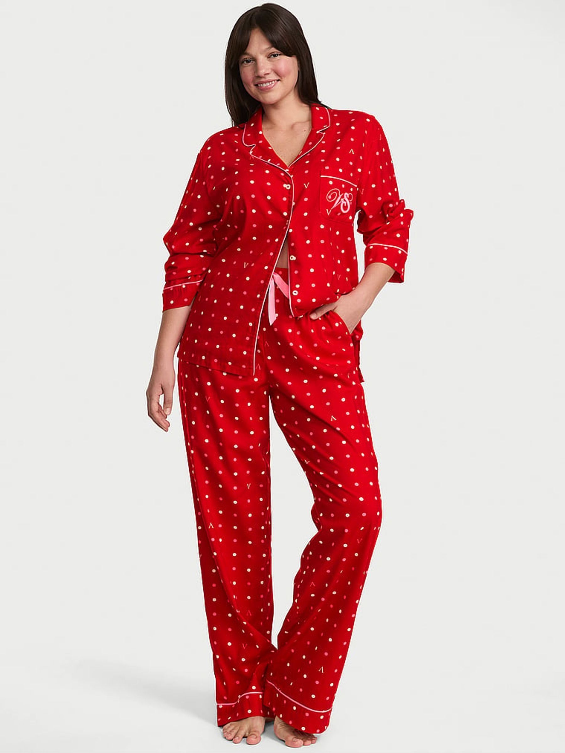 Lipstick Red Polka Dot Flannel Long Pyjama Set - Image 1 of 2 Lipstick Red Polka Dot Flannel Long Pyjama Set - Image 1 of 2