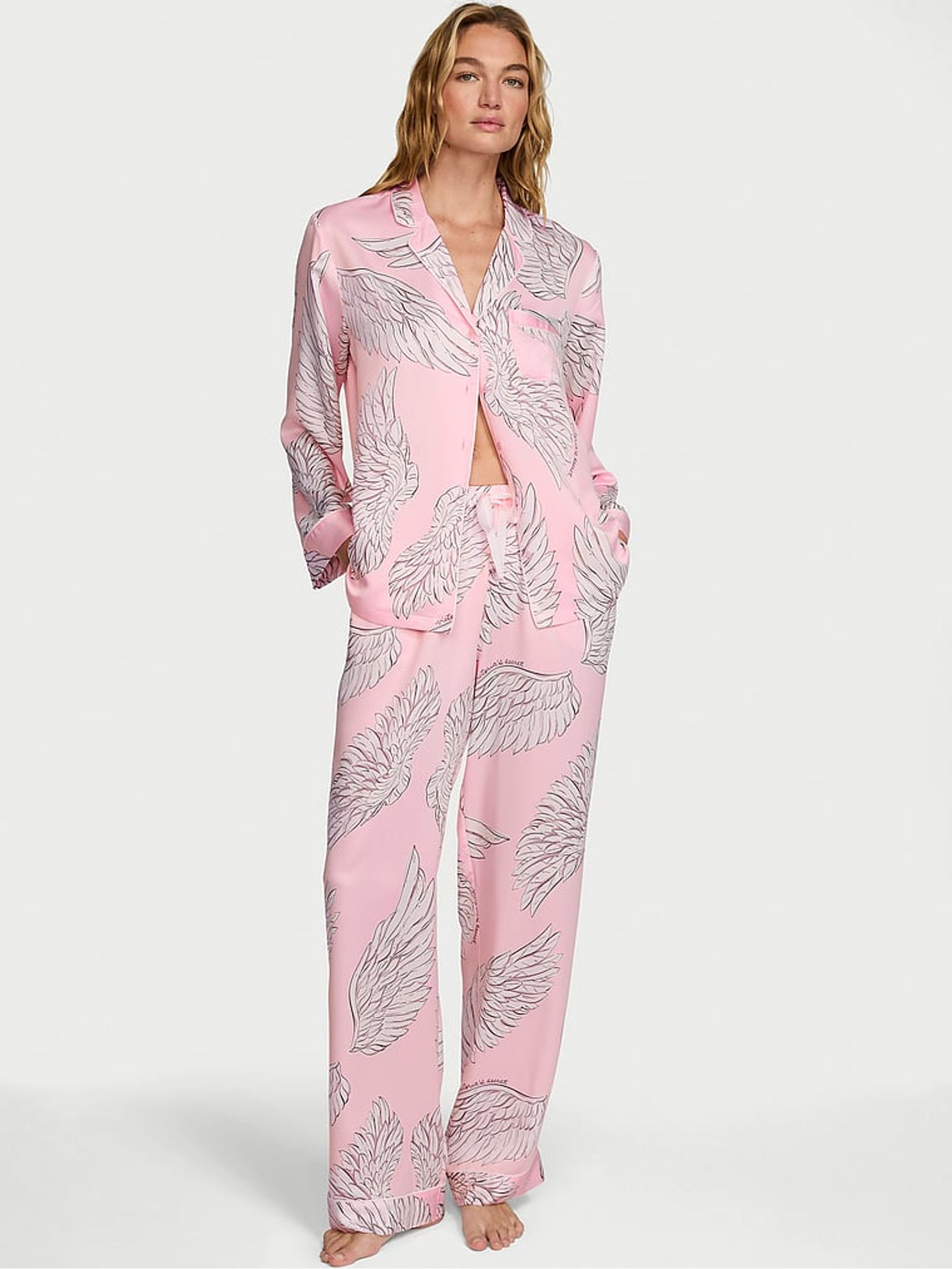 Angel Pink Wings Satin Long Pyjamas Set - Image 2 of 5 Angel Pink Wings Satin Long Pyjamas Set - Image 2 of 5