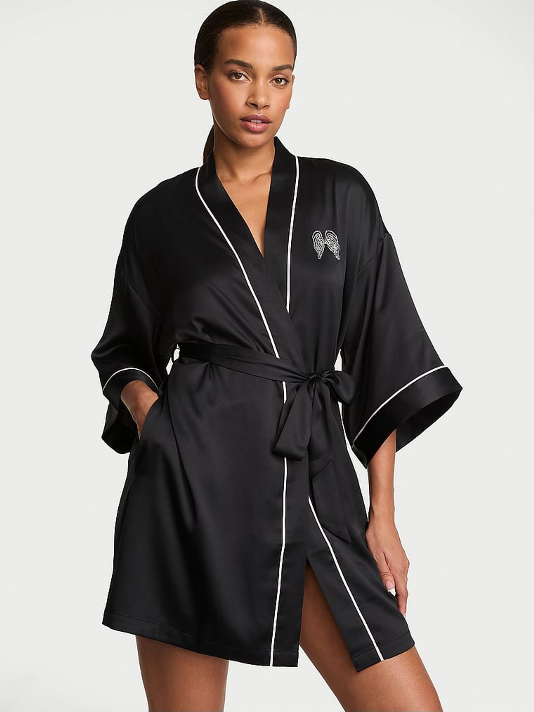 Fashion Show Black Satin Short Robe - Image 1 of 3
