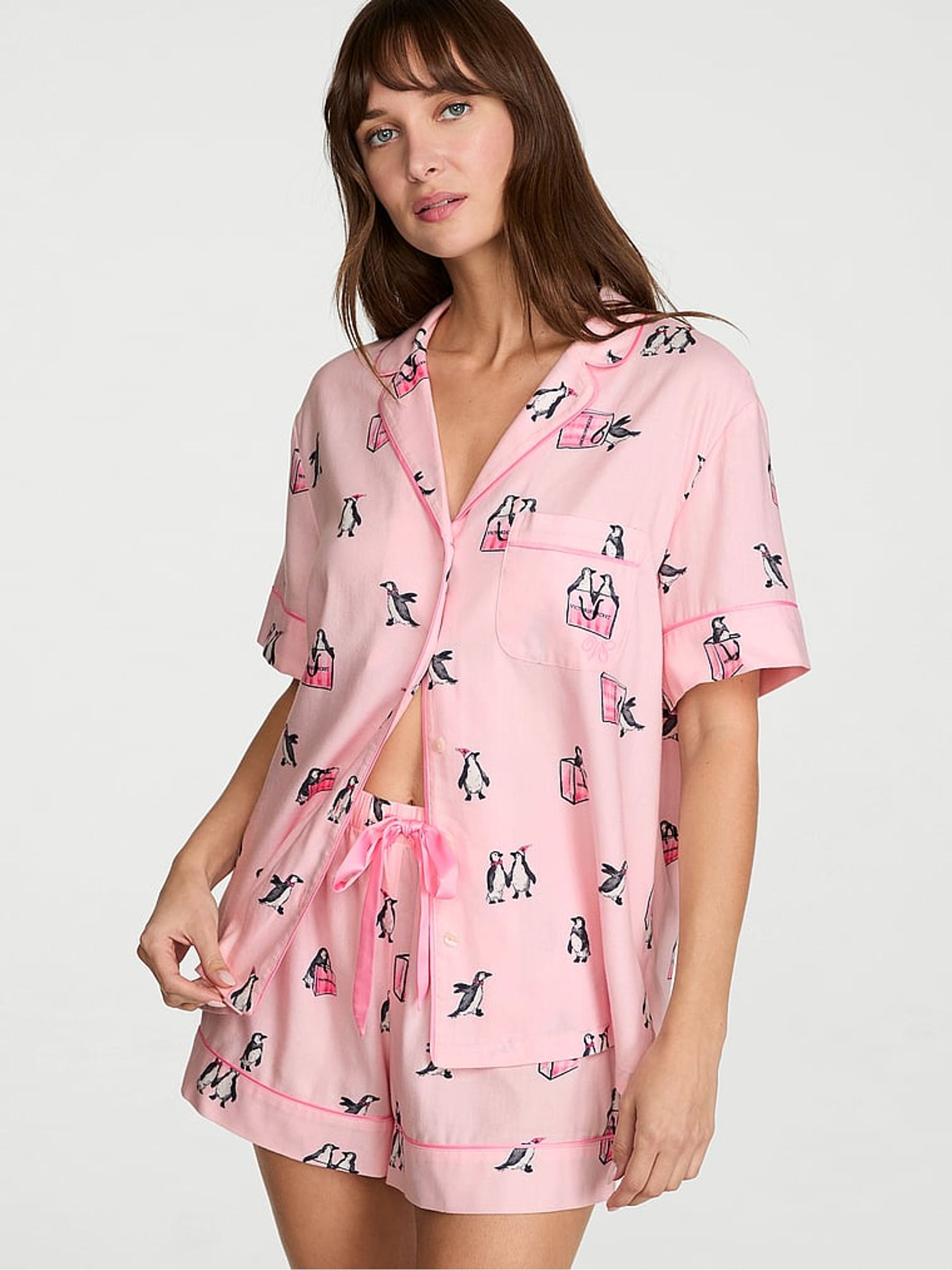Christmas Pink Penguins Flannel Shorts Pyjama Set - Image 1 of 2 Christmas Pink Penguins Flannel Shorts Pyjama Set - Image 1 of 2