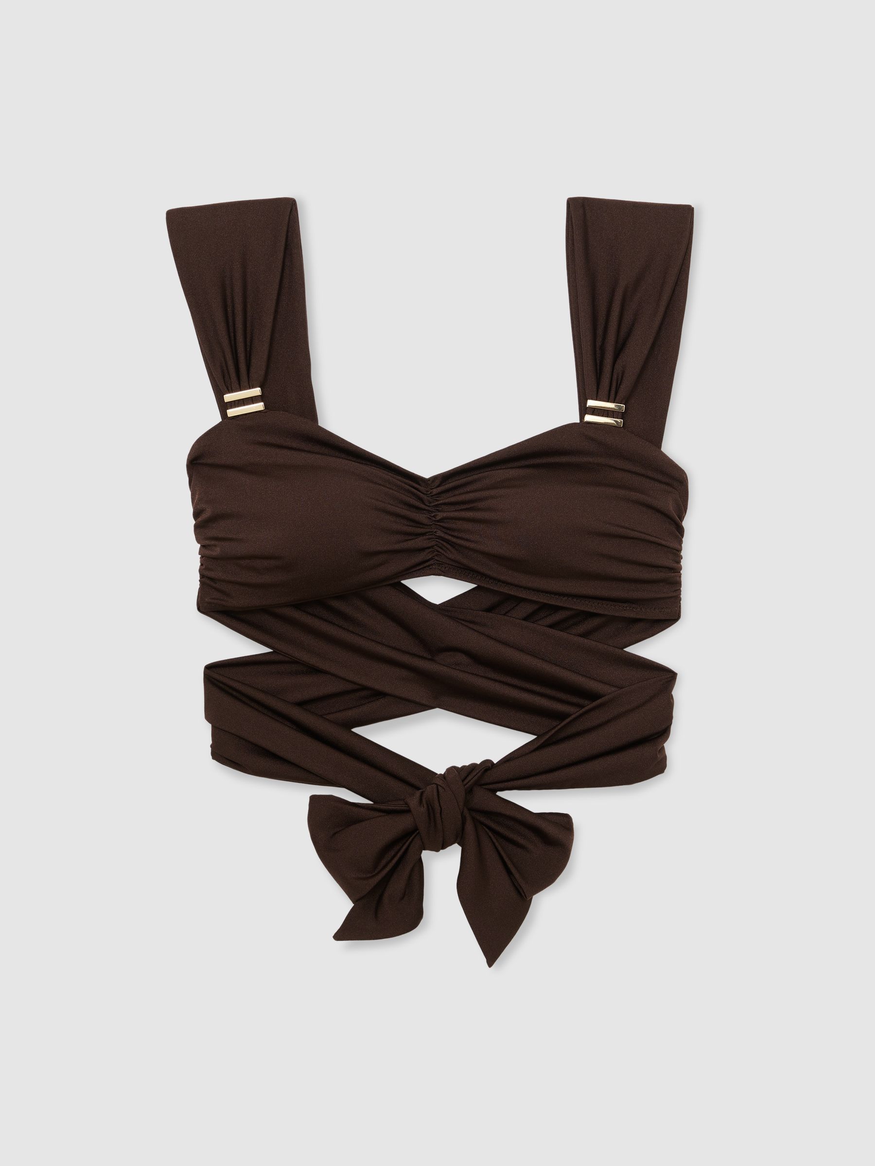 Wrap-Around Ruched Bikini Top in Chocolate Brown - Image 2 of 6