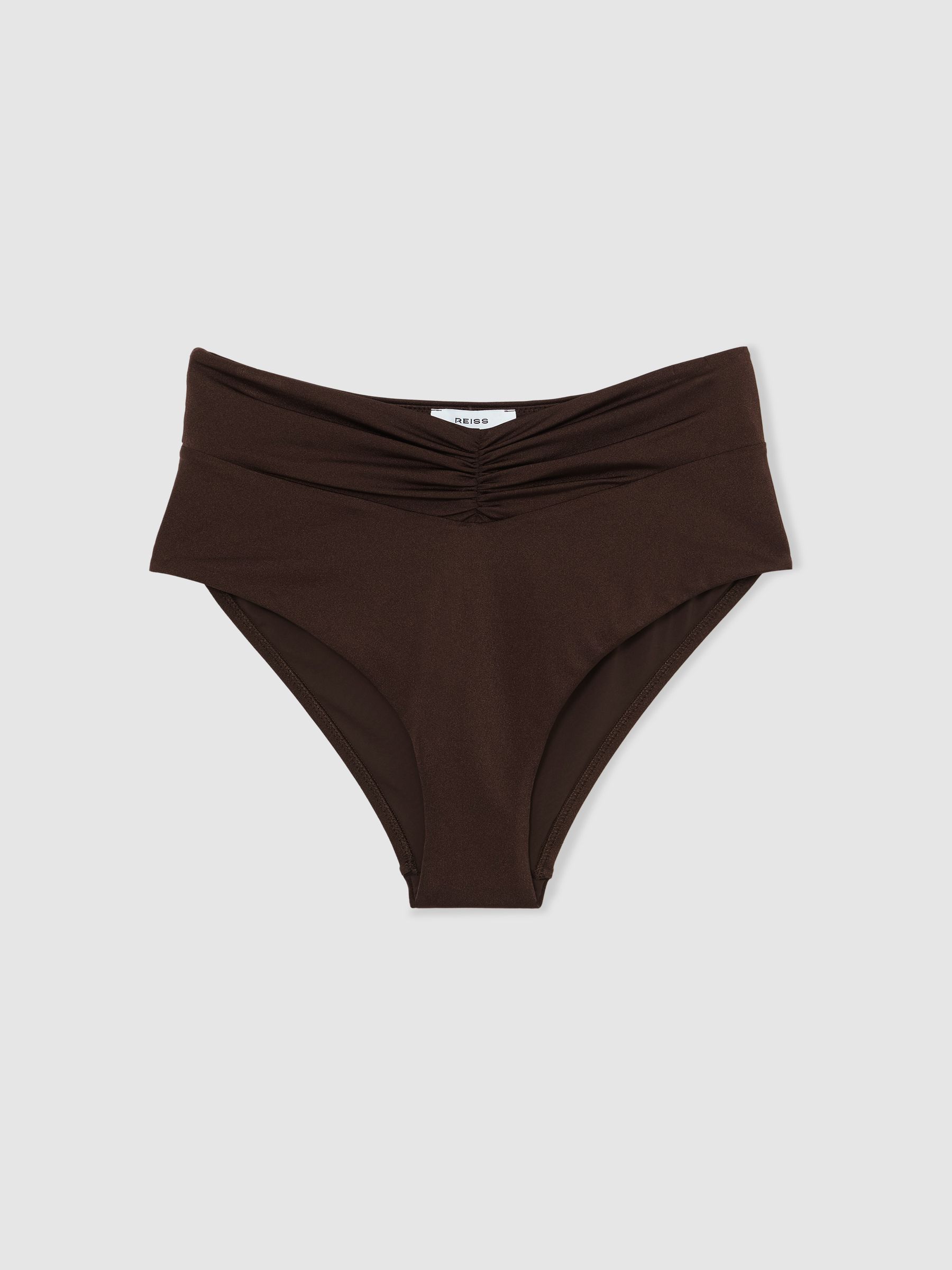 High-Waisted Ruched Bikini Bottoms in Chocolate Brown - image 1