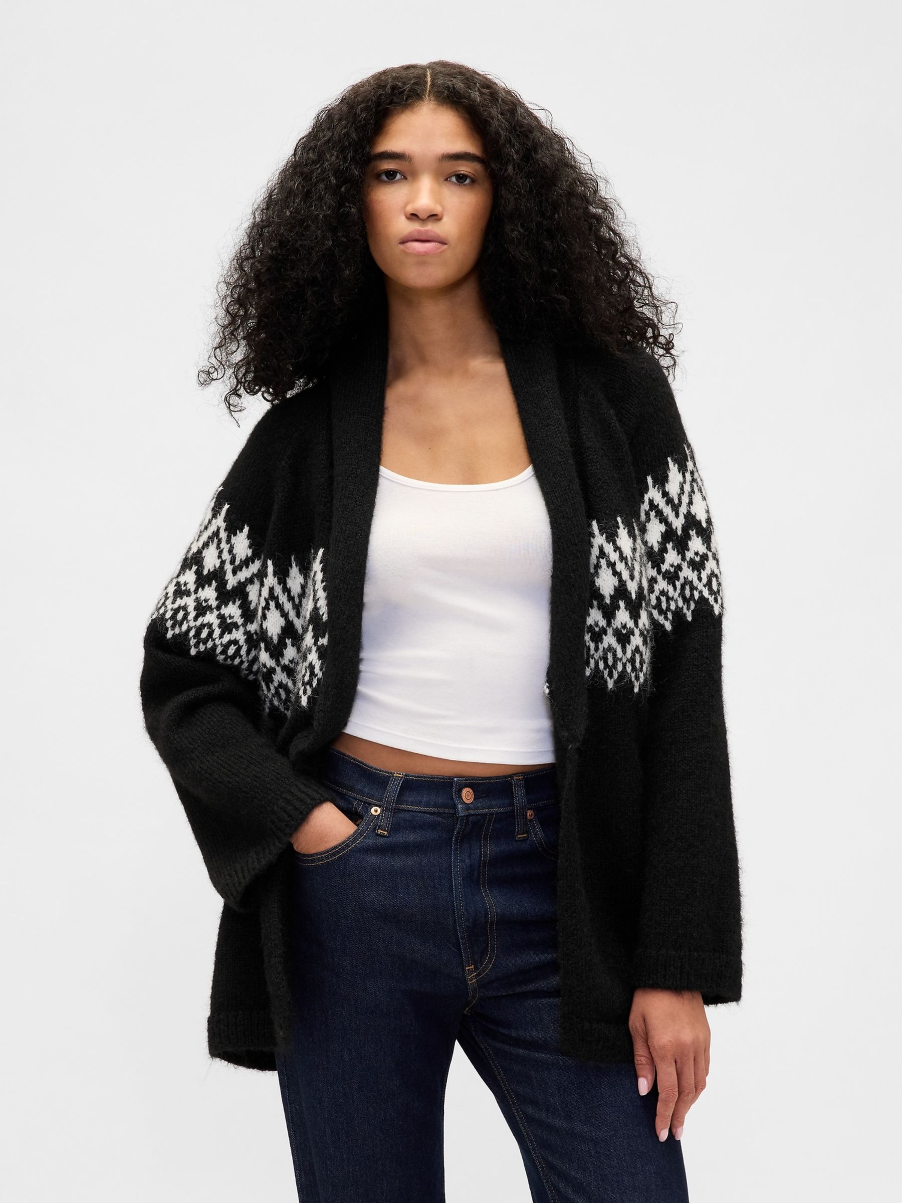 Black Wool Blend Fair Isle Pattern Shawl Cardigan - Image 1 of 4 Black Wool Blend Fair Isle Pattern Shawl Cardigan - Image 1 of 4