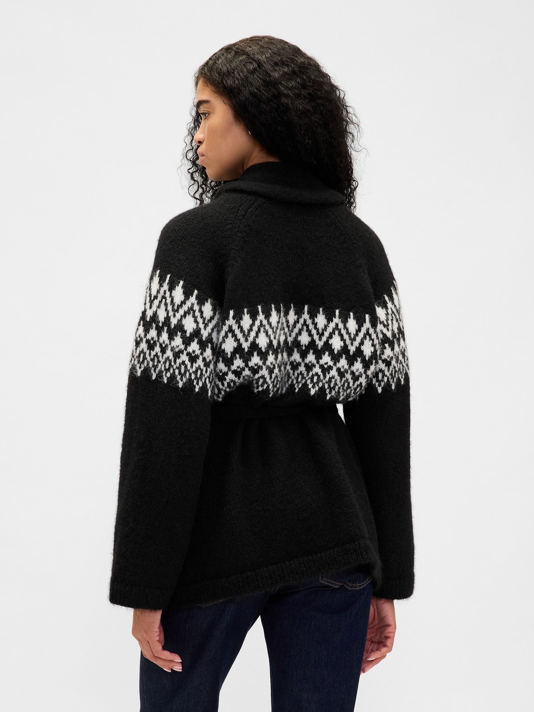 Black Wool Blend Fair Isle Pattern Shawl Cardigan - Image 2 of 4 Black Wool Blend Fair Isle Pattern Shawl Cardigan - Image 2 of 4