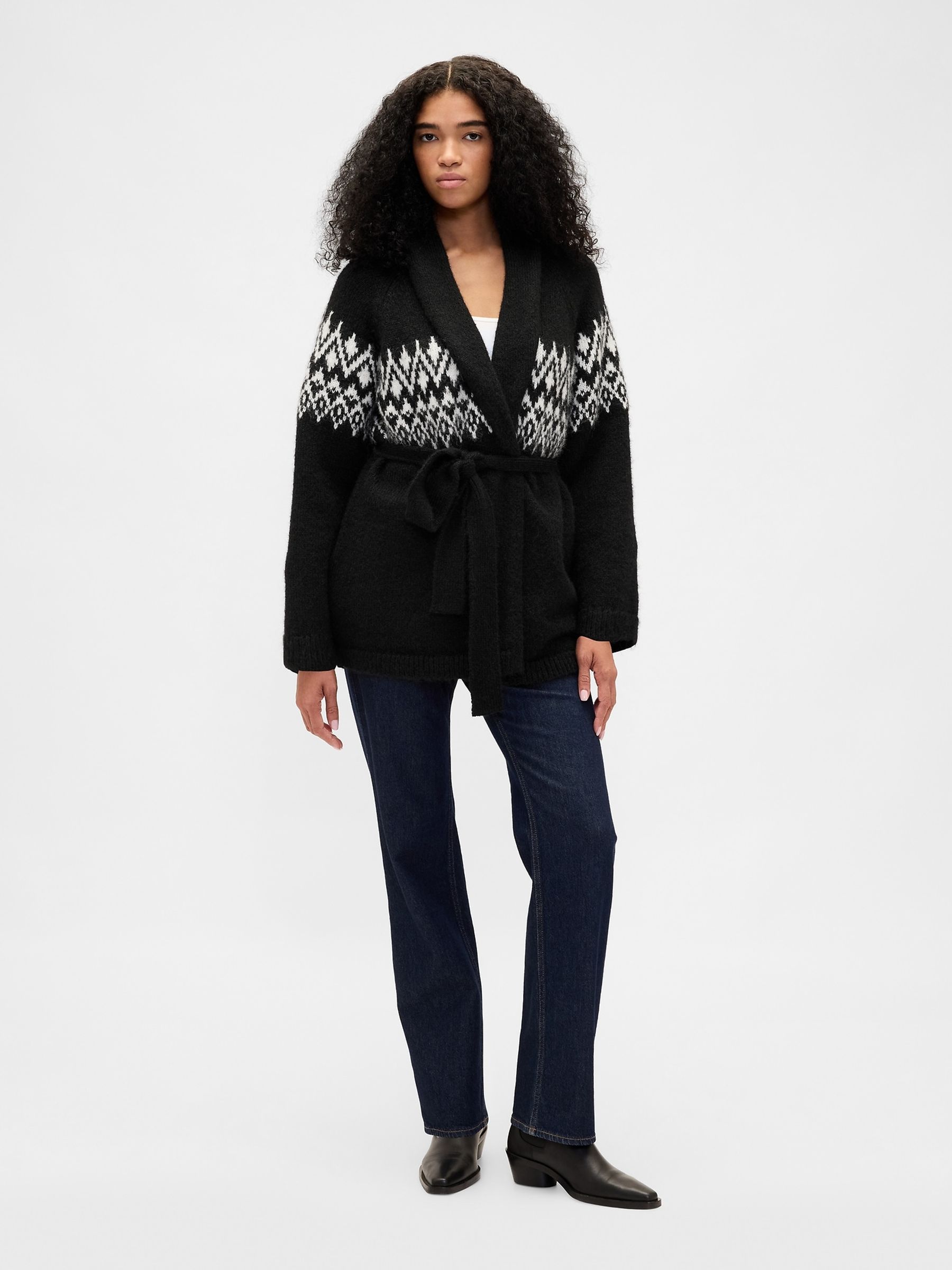 Black Wool Blend Fair Isle Pattern Shawl Cardigan - Image 3 of 4