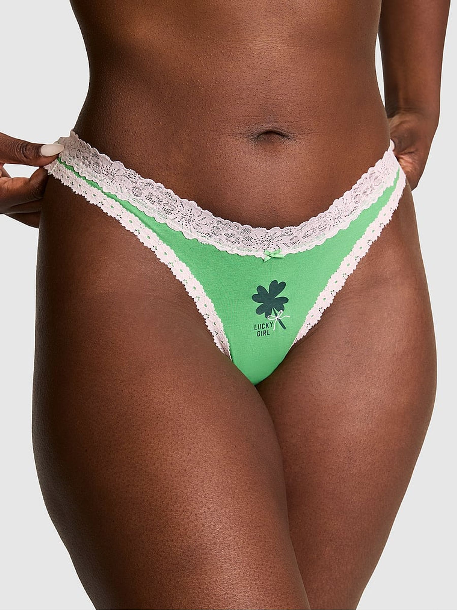 Wild Green 'Wish Me Luck' Thong Cotton Lace Trim Knickers - Image 1 of 2
