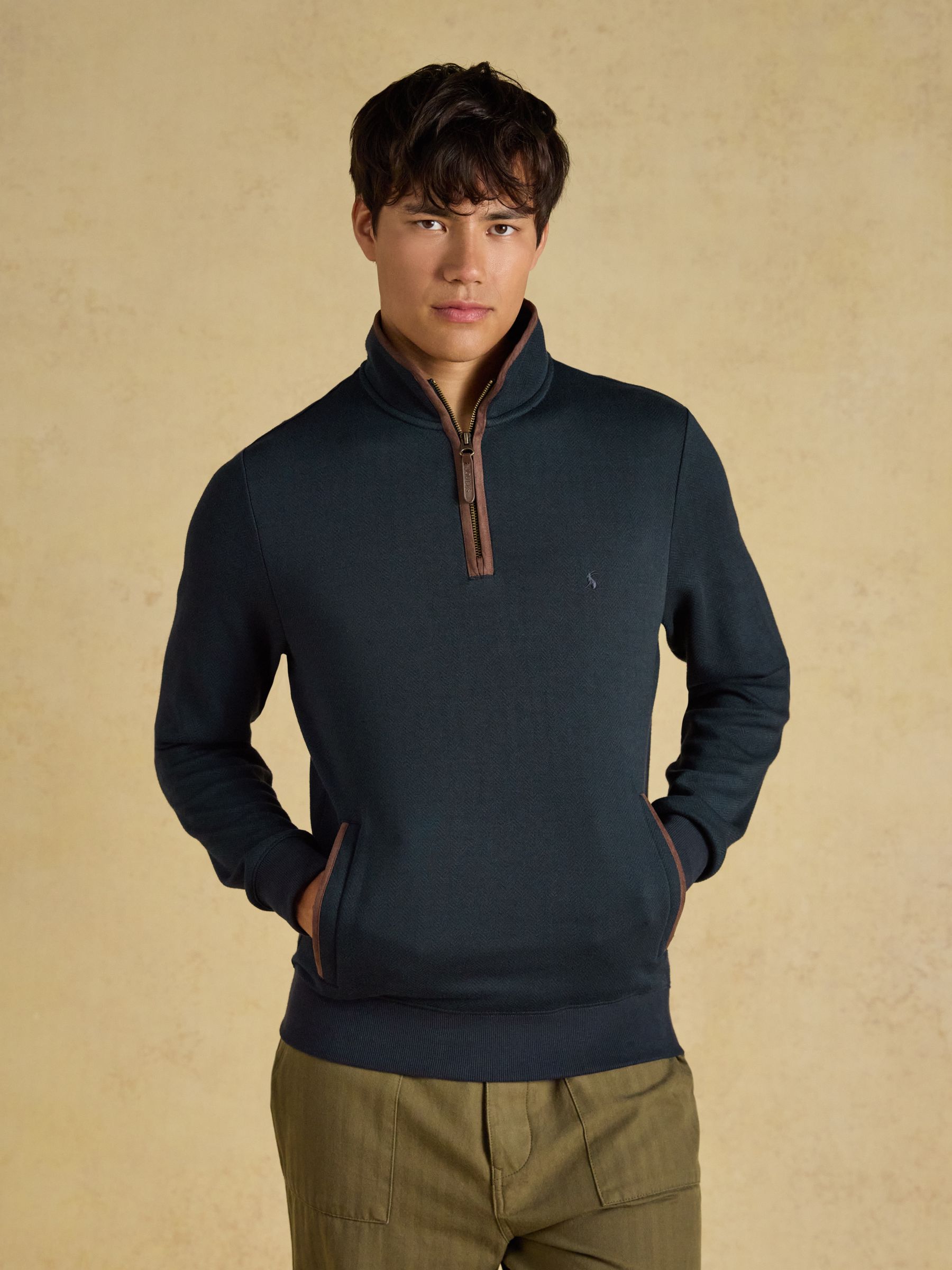 Navy Herringbone Quarter Zip Sweatshirt - Image 1 of 7