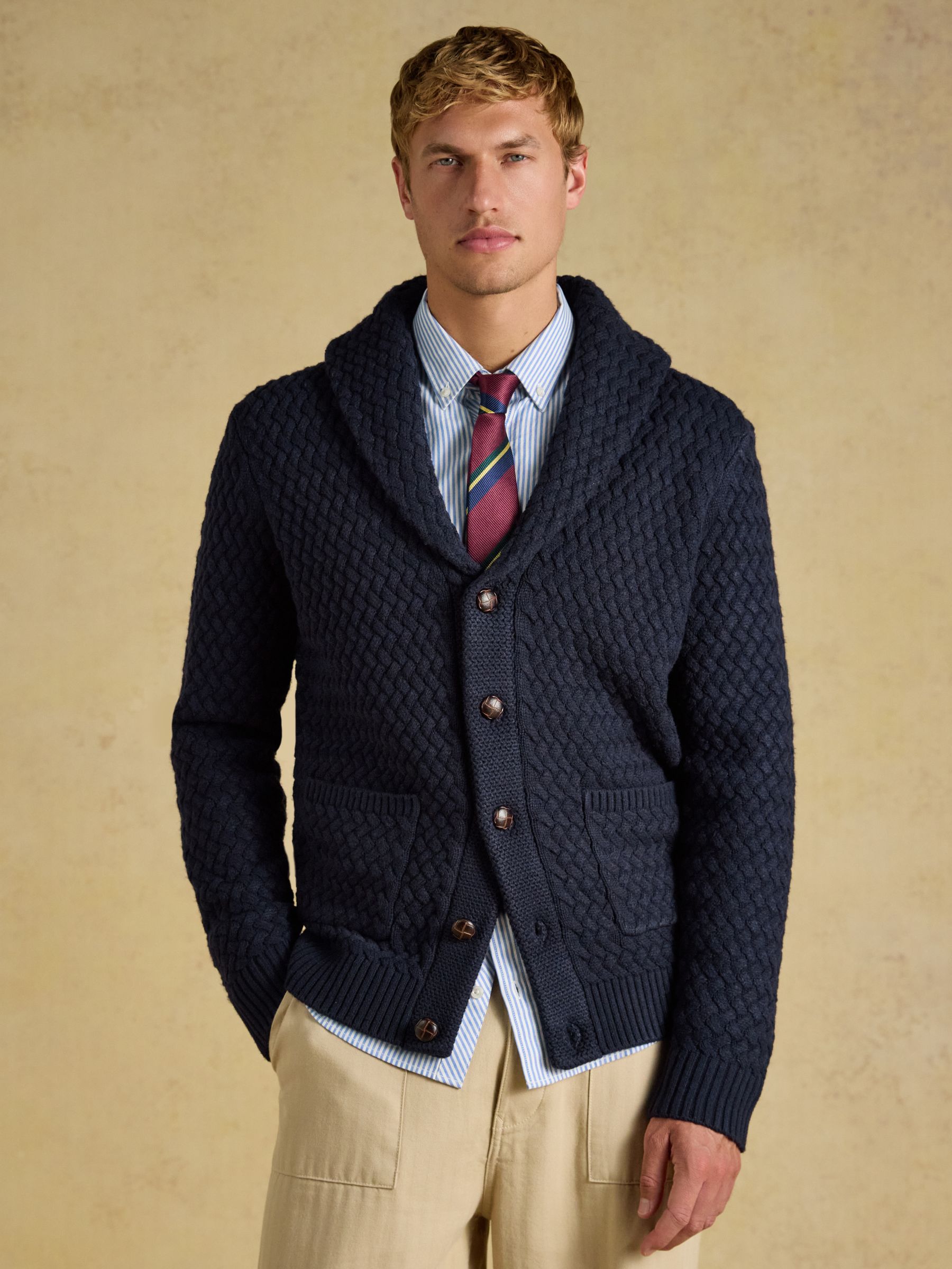 Navy Shawl Neck Knitted Cardigan - Image 2 of 8
