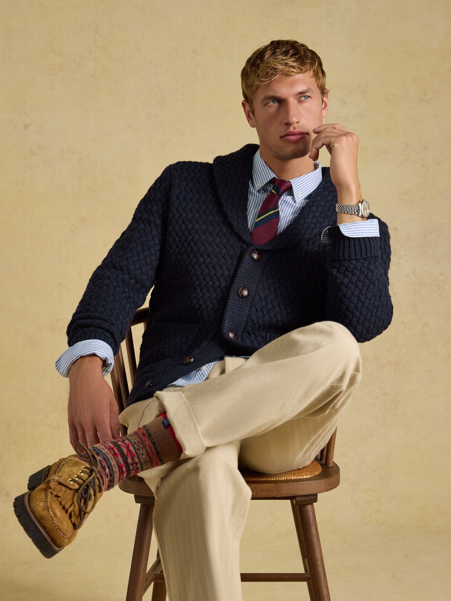 Navy Shawl Neck Knitted Cardigan - Image 4 of 8