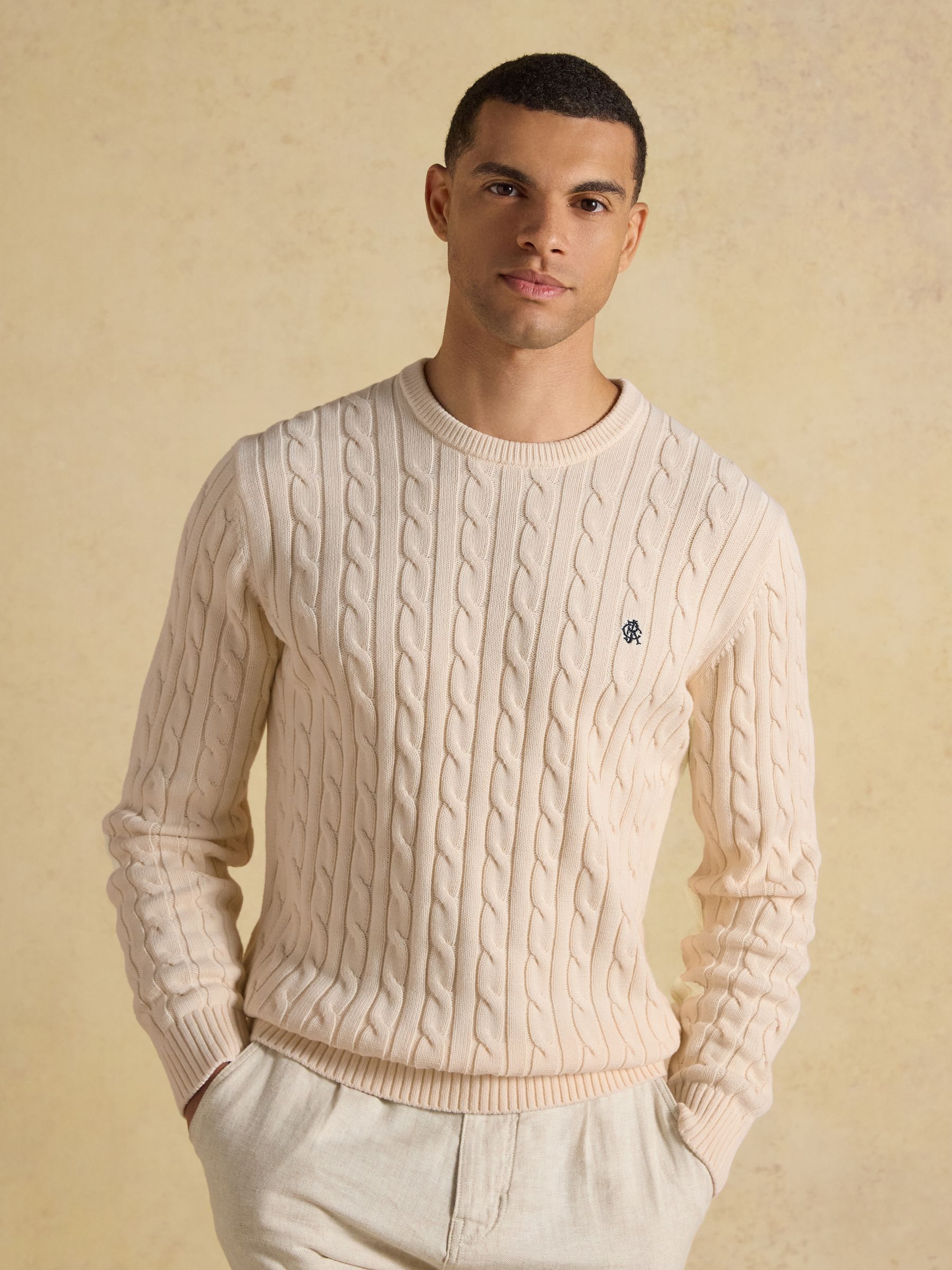 Cream Crew Neck Cotton Cable Knit Jumper - Image 1 of 6