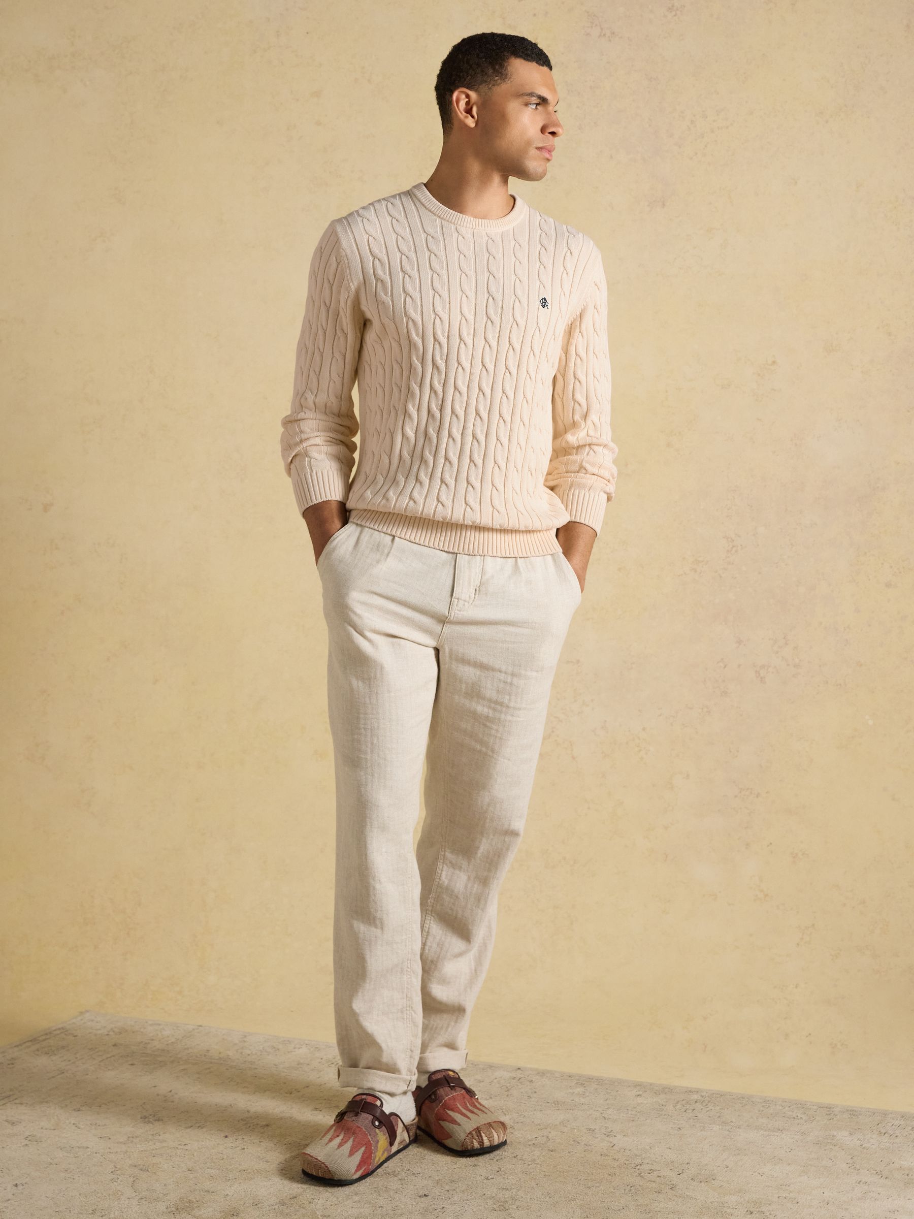 Cream Crew Neck Cotton Cable Knit Jumper - Image 3 of 6