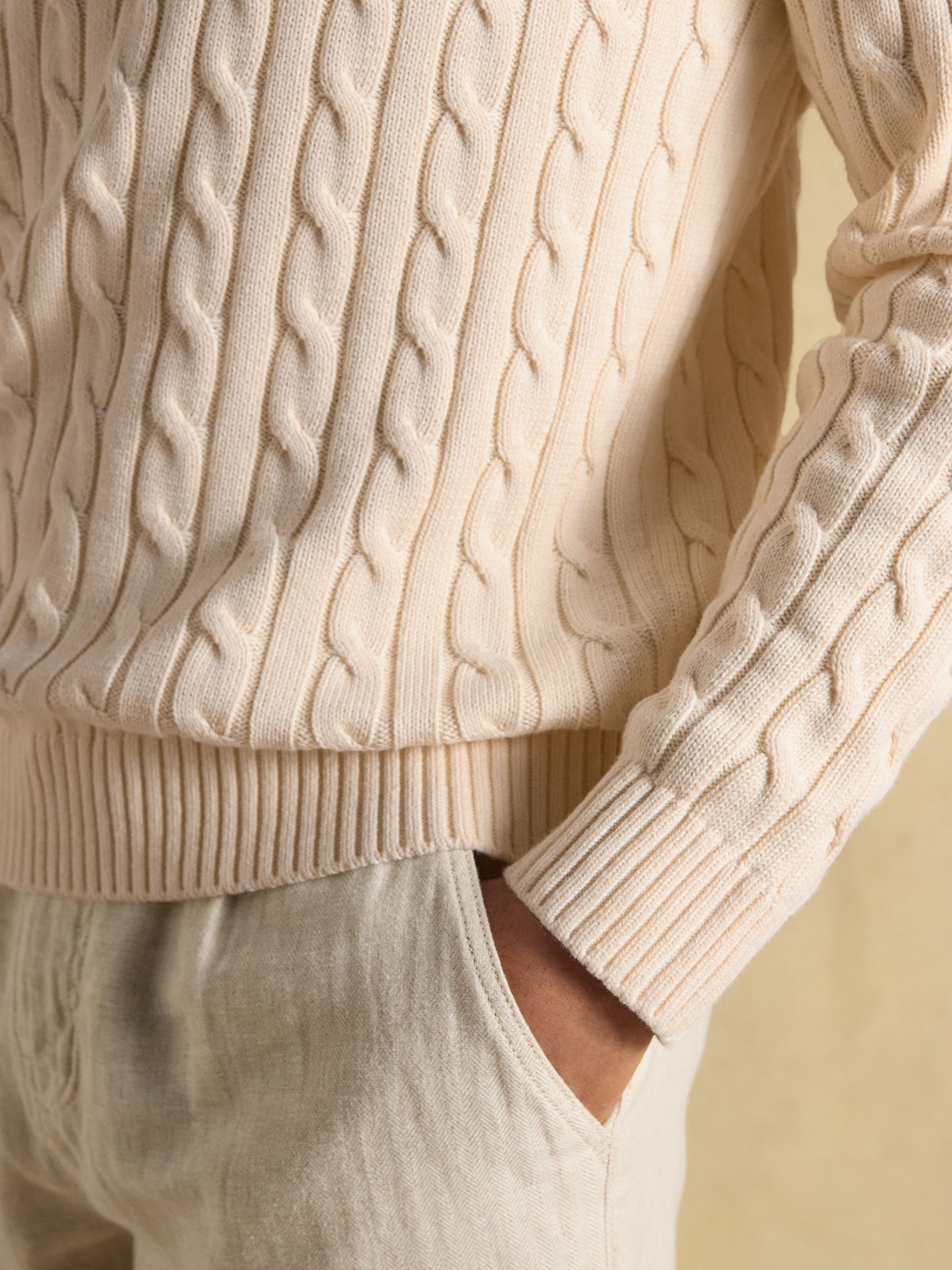 Cream Crew Neck Cotton Cable Knit Jumper - Image 4 of 6