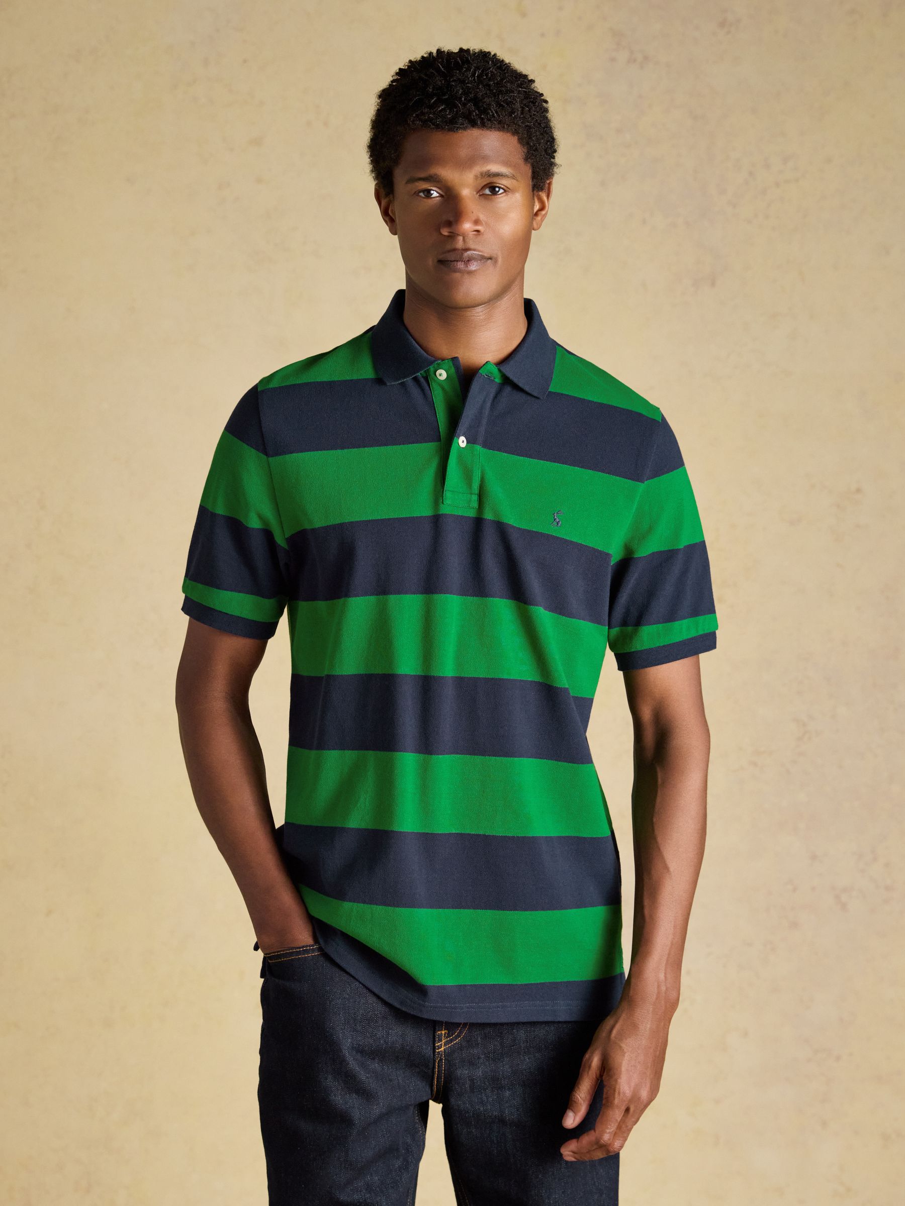 Woody Green & Navy Stripe Cotton Pique Polo Shirt - Image 1 of 9