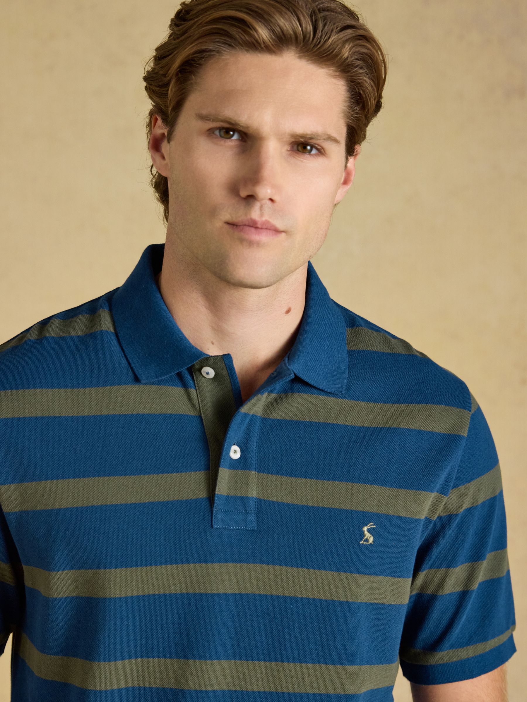 Woody Navy & Khaki Striped Cotton Pique Polo Shirt - Image 3 of 8