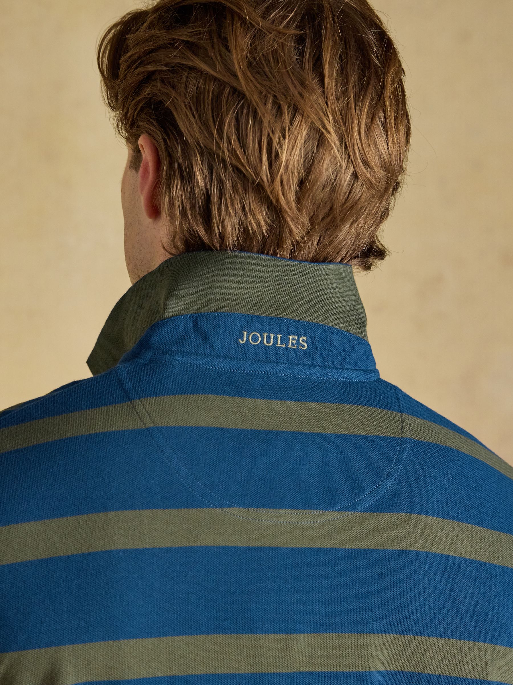 Woody Navy & Khaki Striped Cotton Pique Polo Shirt - Image 7 of 8