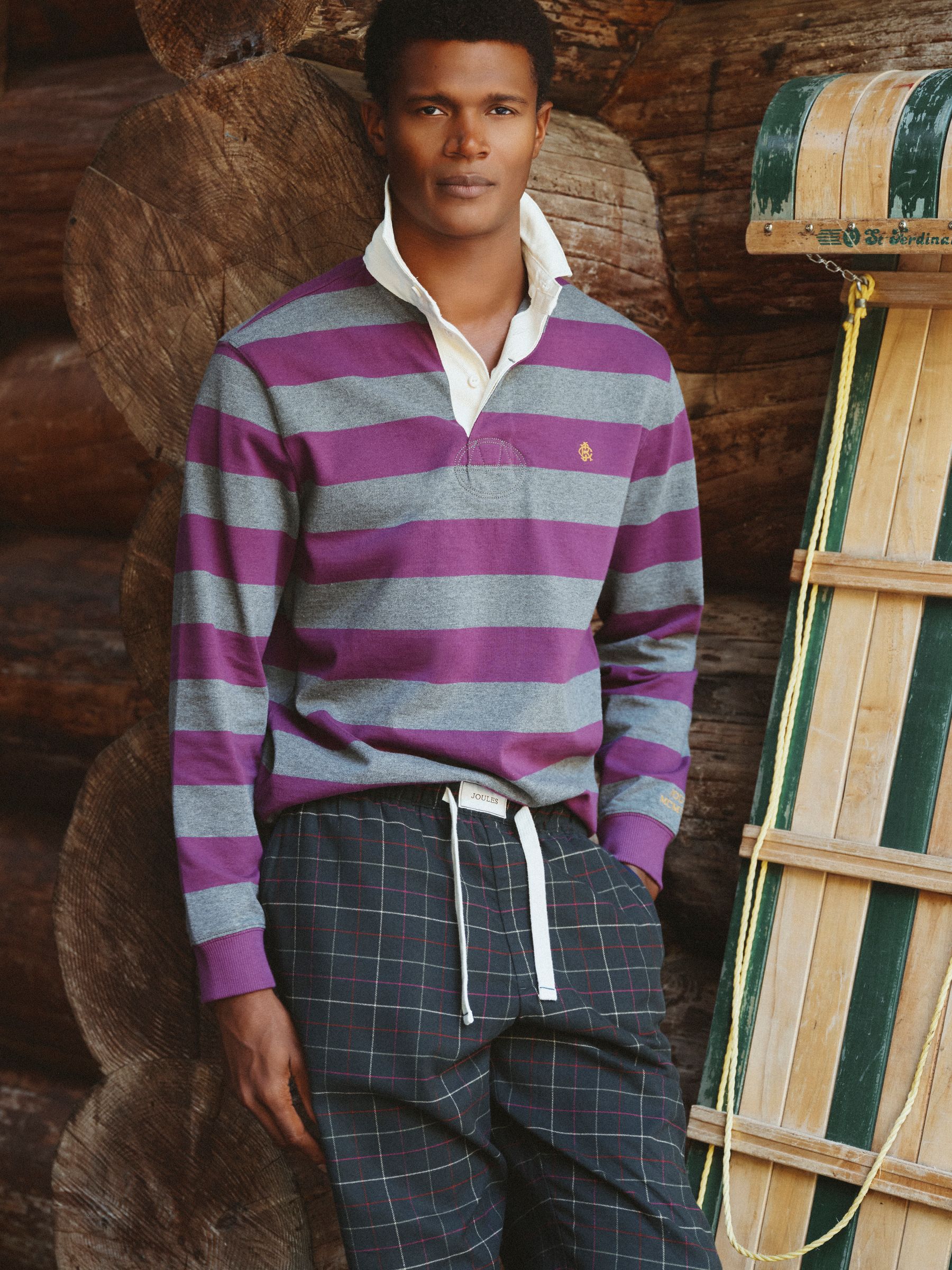 Rugby Club Purple & Grey Long Sleeve Striped Rugby Shirt - Image 1 of 9 Rugby Club Purple & Grey Long Sleeve Striped Rugby Shirt - Image 1 of 9