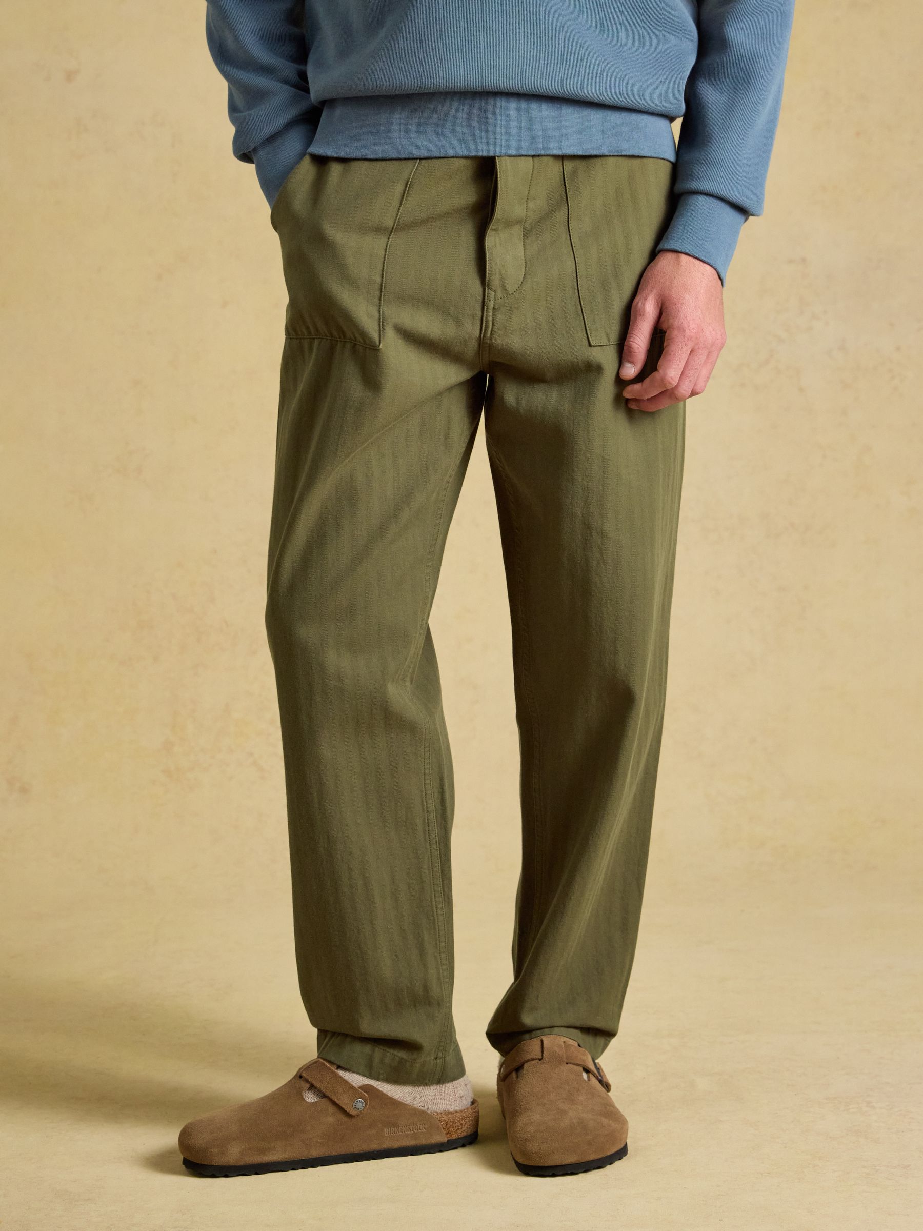 Classic Fit Khaki Green Cotton Herringbone Utility Trousers - Image 2 of 8 Classic Fit Khaki Green Cotton Herringbone Utility Trousers - Image 2 of 8