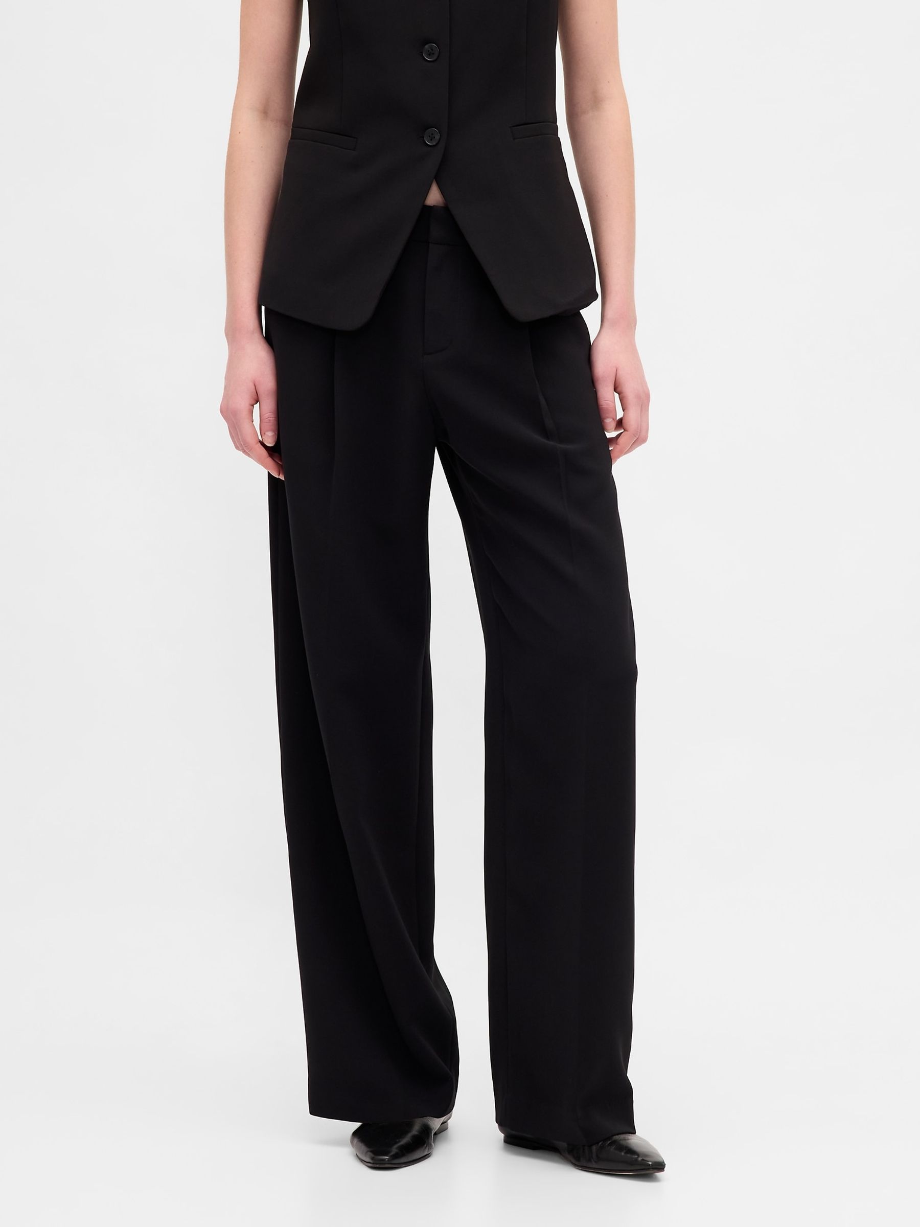 Black 365 Low Waisted Pleated Wide Leg Trousers - Image 1 of 6 Black 365 Low Waisted Pleated Wide Leg Trousers - Image 1 of 6