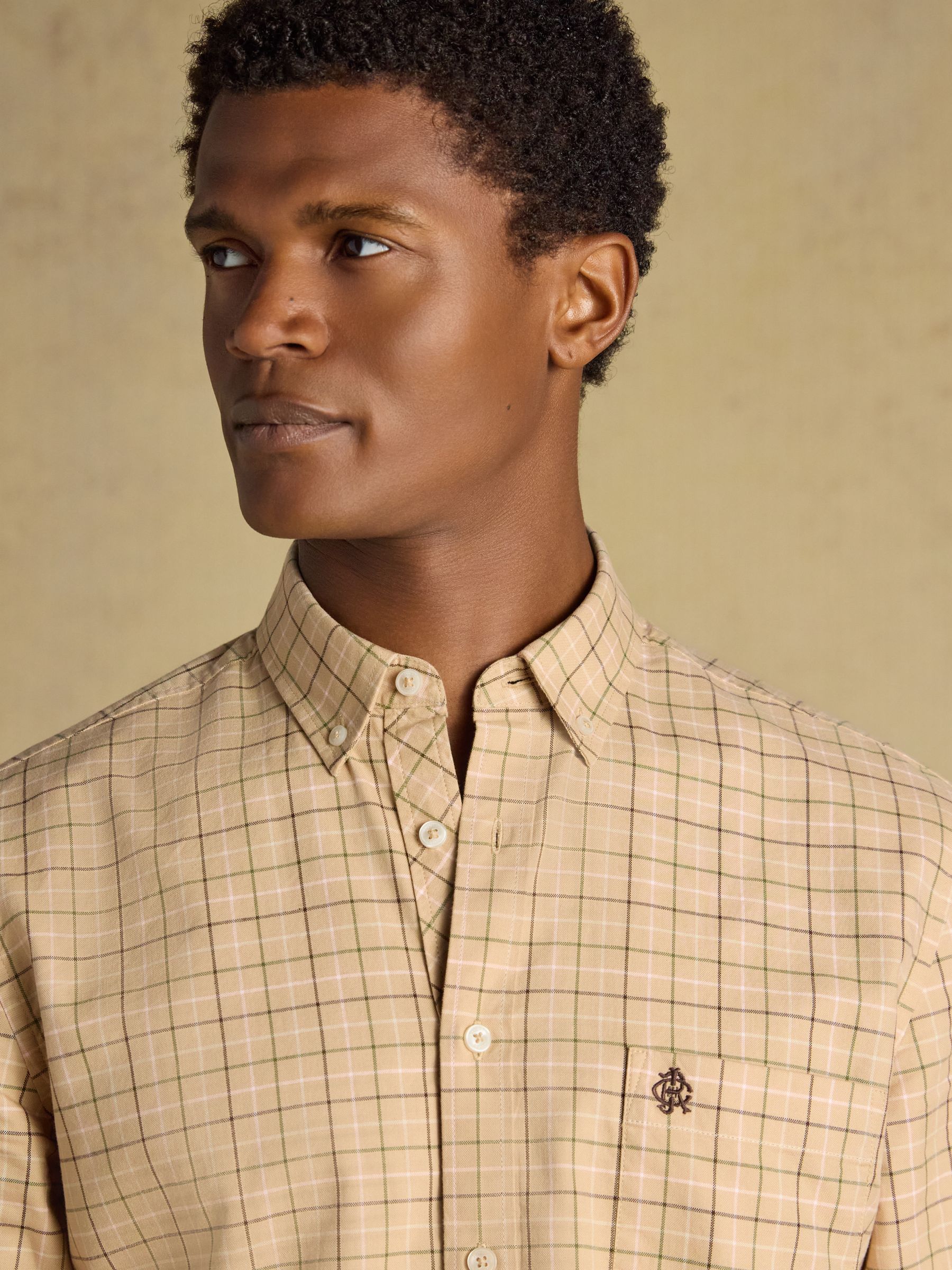 Oatmeal Checked Classic Fit Cotton Oxford Shirt - Image 4 of 10