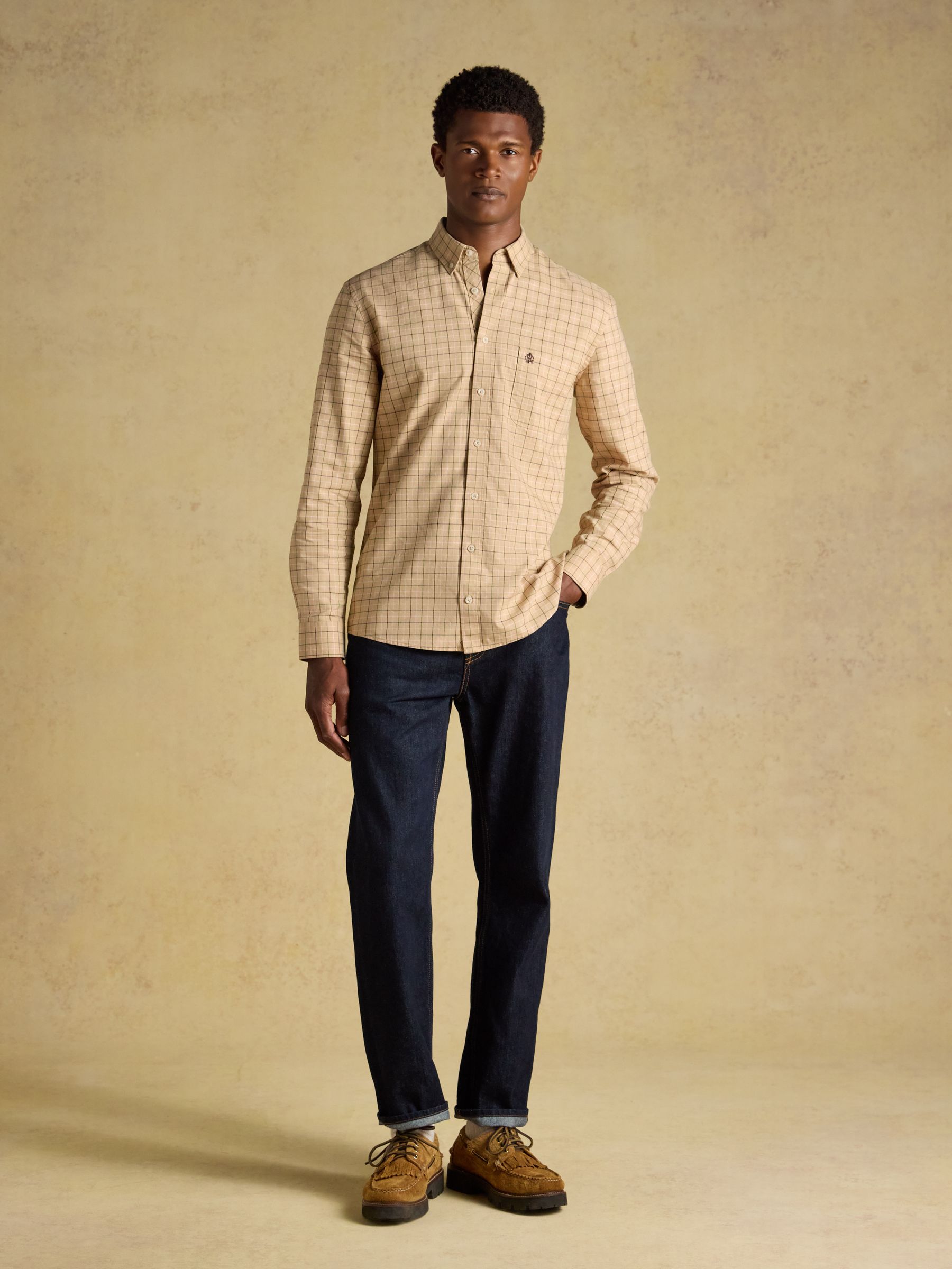 Oatmeal Checked Classic Fit Cotton Oxford Shirt - Image 5 of 10