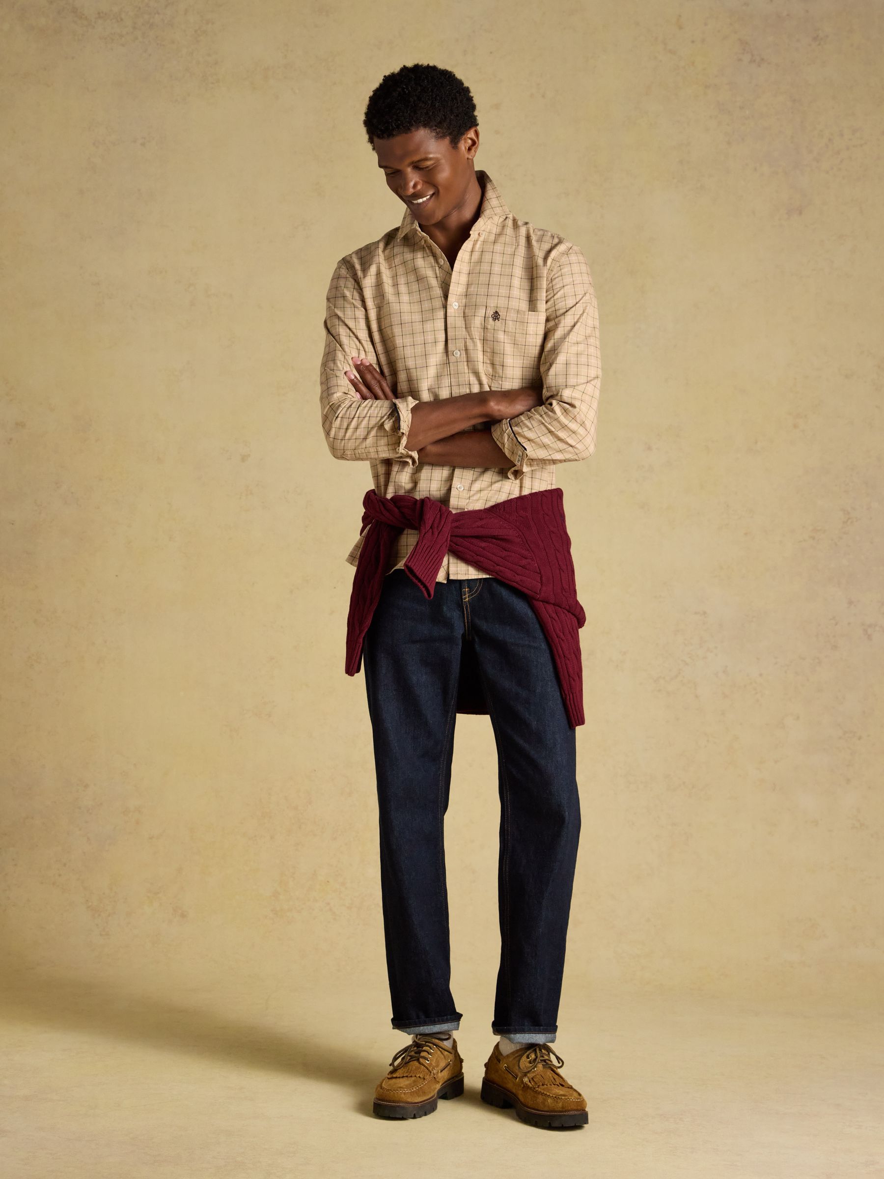 Oatmeal Checked Classic Fit Cotton Oxford Shirt - Image 8 of 10