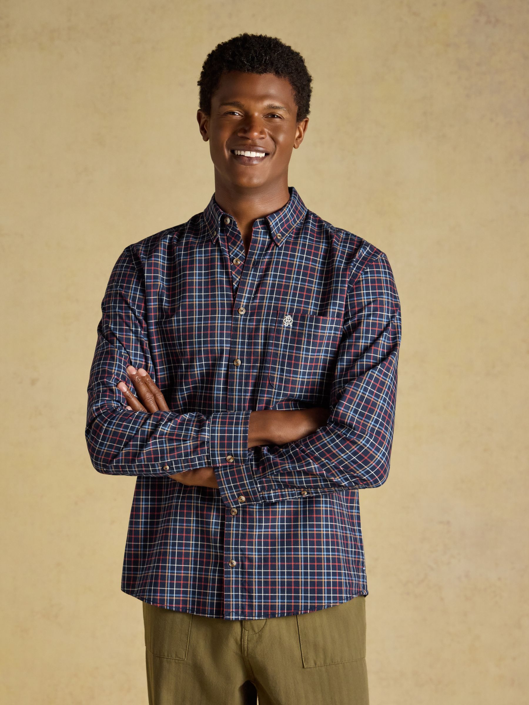 Navy & Red Checked Classic Fit Cotton Oxford Shirt - Image 1 of 10 Navy & Red Checked Classic Fit Cotton Oxford Shirt - Image 1 of 10