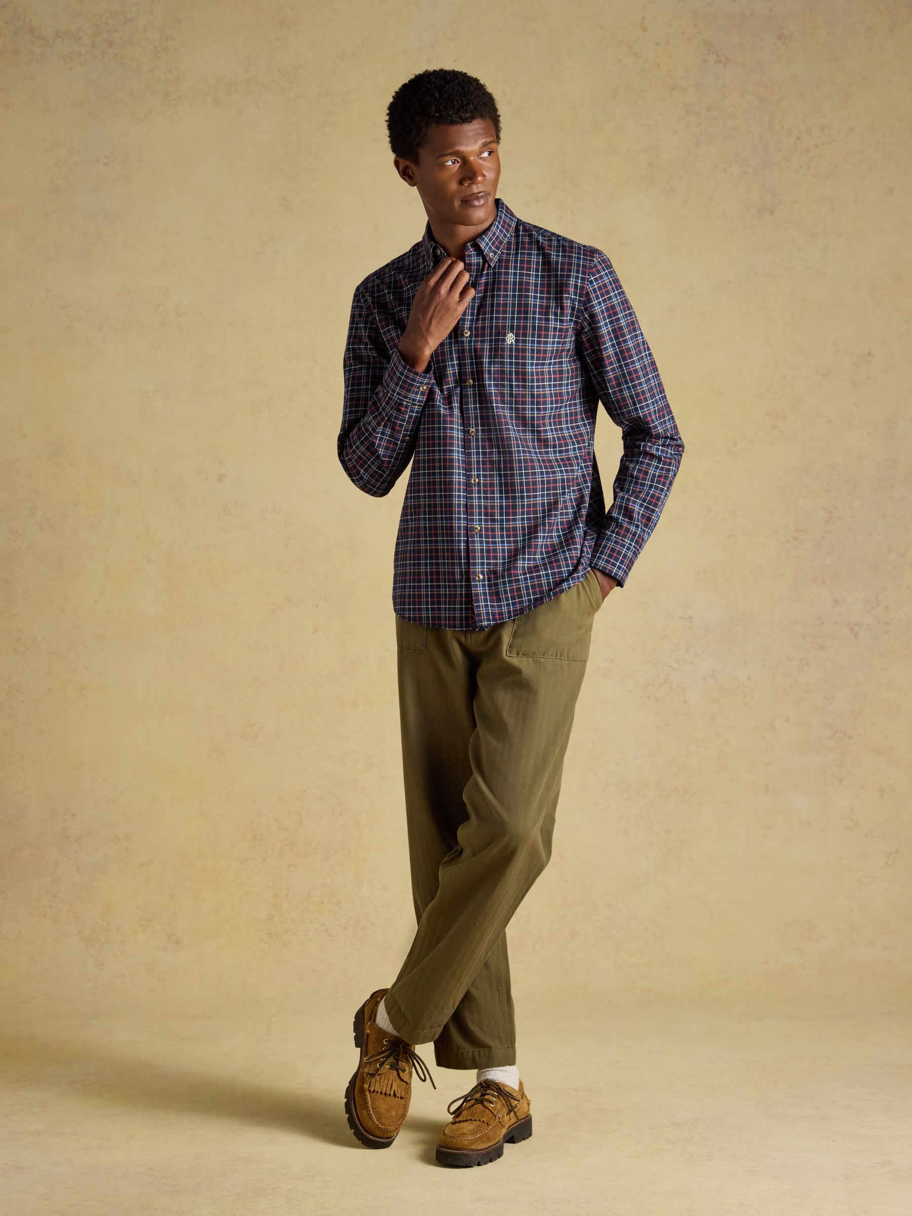 Navy & Red Checked Classic Fit Cotton Oxford Shirt - Image 5 of 10