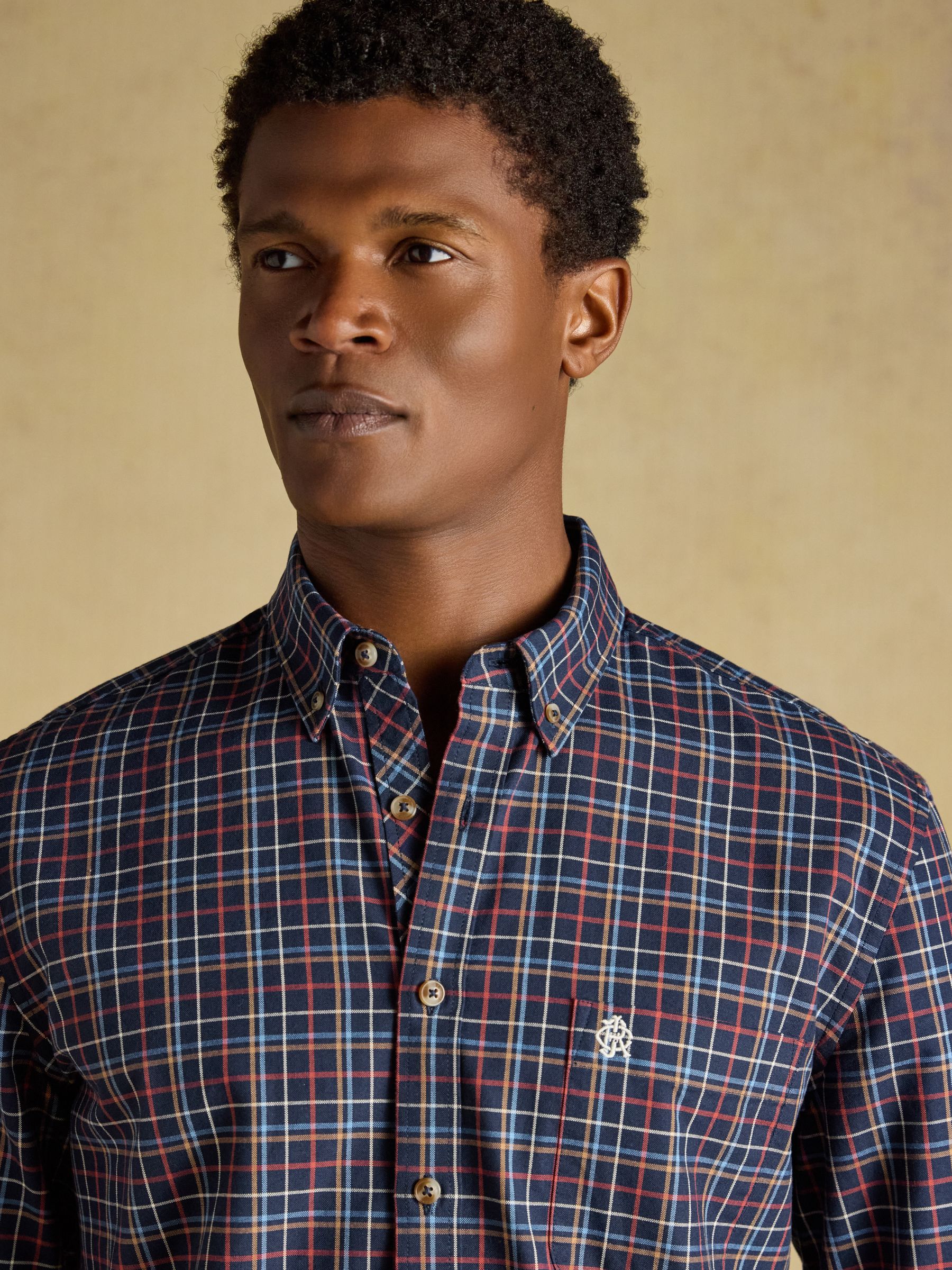 Navy & Red Checked Classic Fit Cotton Oxford Shirt - Image 6 of 10