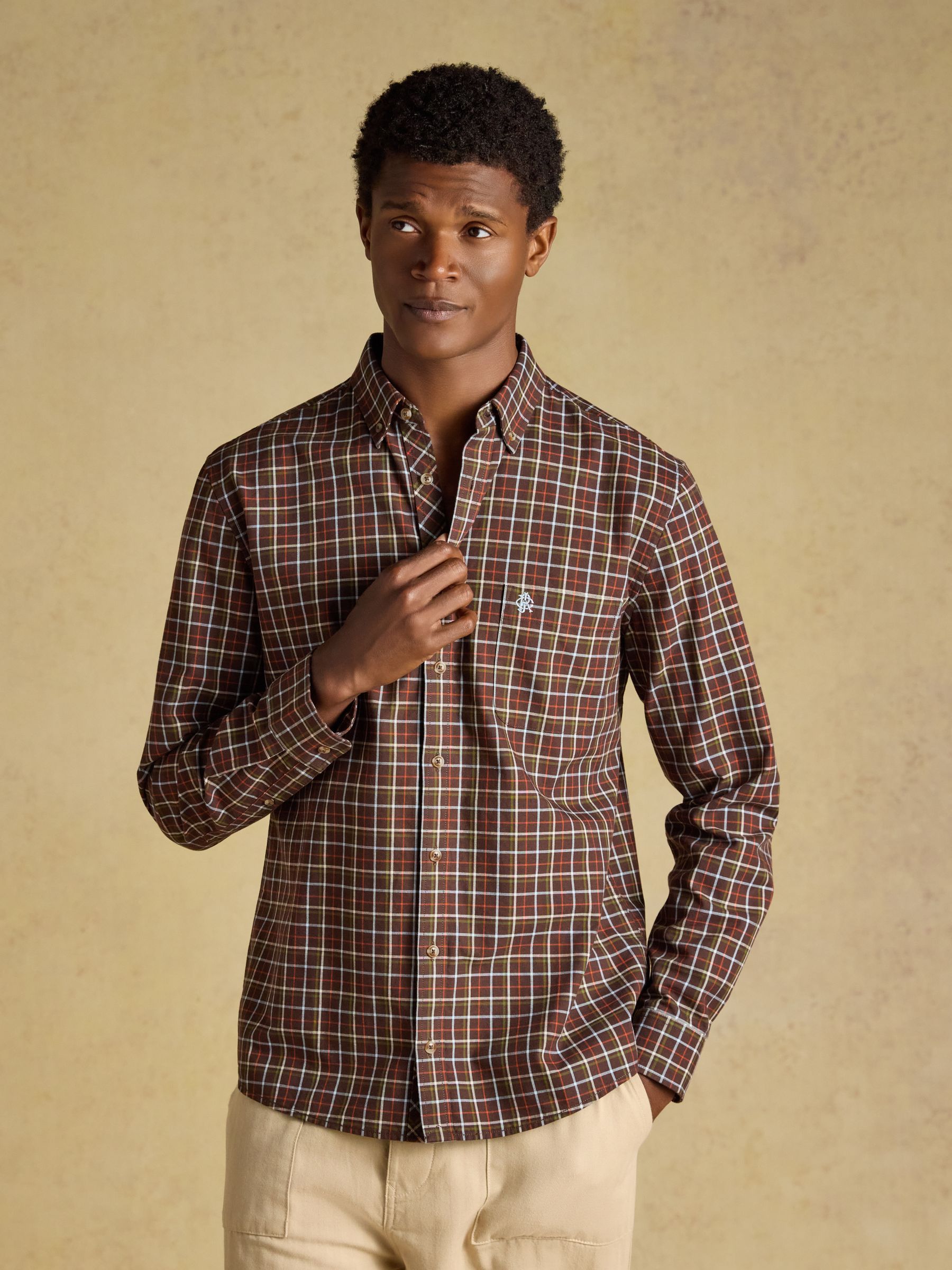 Chocolate Brown Checked Classic Fit Cotton Oxford Shirt - Image 1 of 11