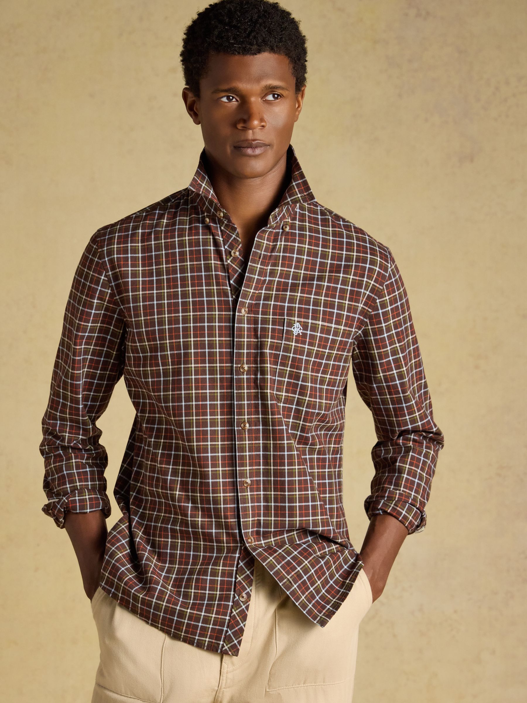 Chocolate Brown Checked Classic Fit Cotton Oxford Shirt - Image 10 of 11