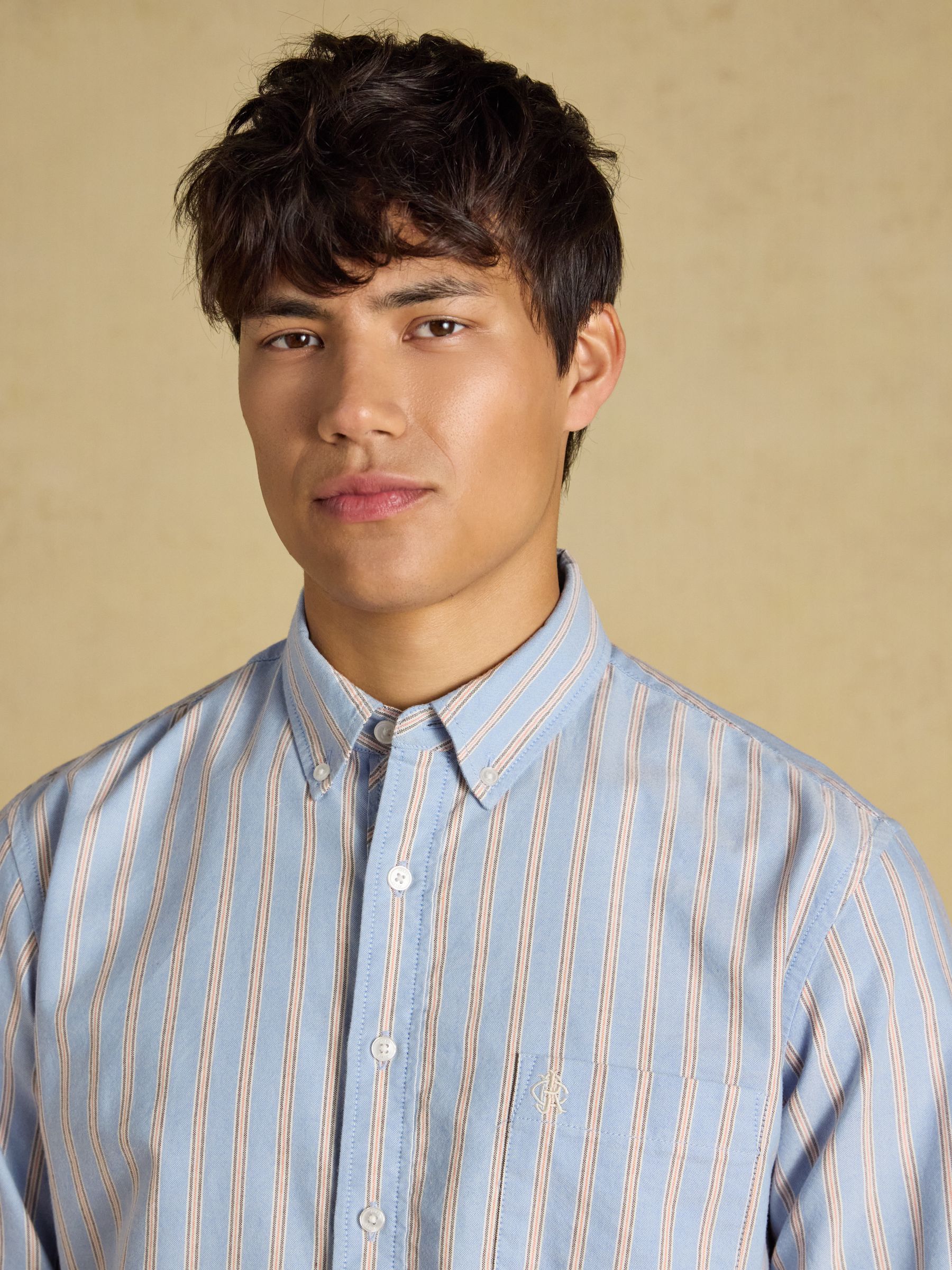 Blue & Orange Striped Classic Fit Cotton Oxford Shirt - Image 4 of 8