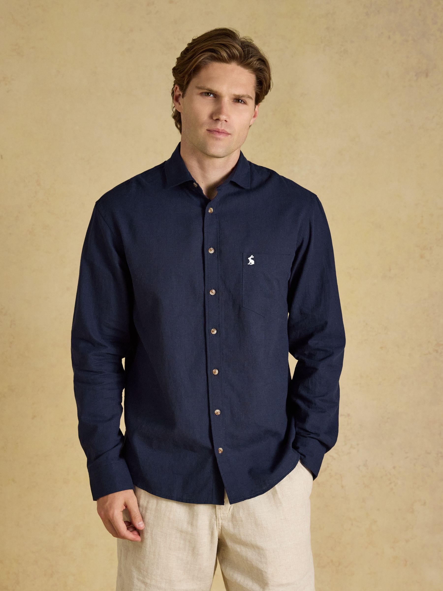Navy Linen Blend Long Sleeve Shirt - Image 1 of 8