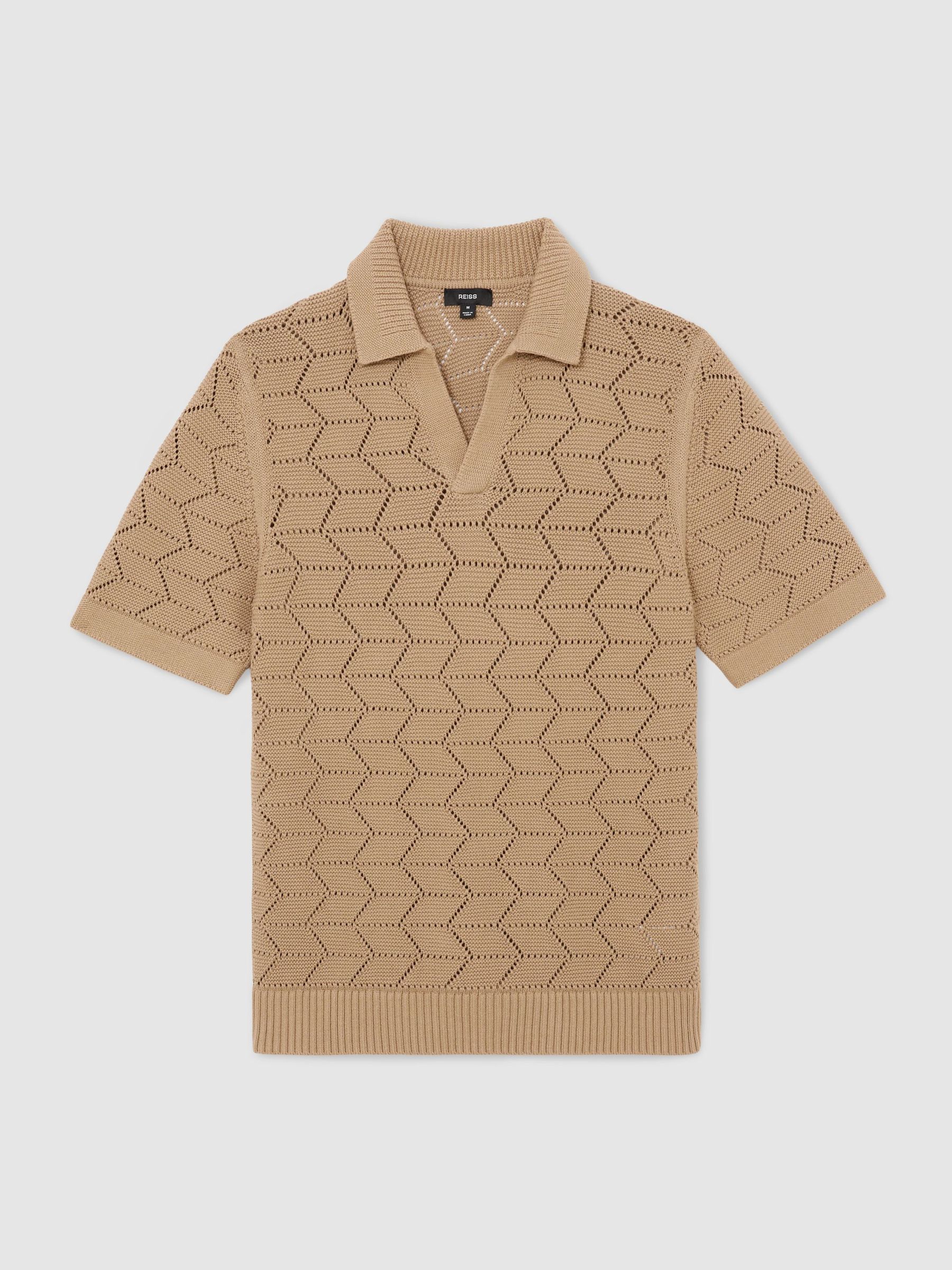 Pointelle-Knit Open-Collar Polo Jumper in Camel - image 1