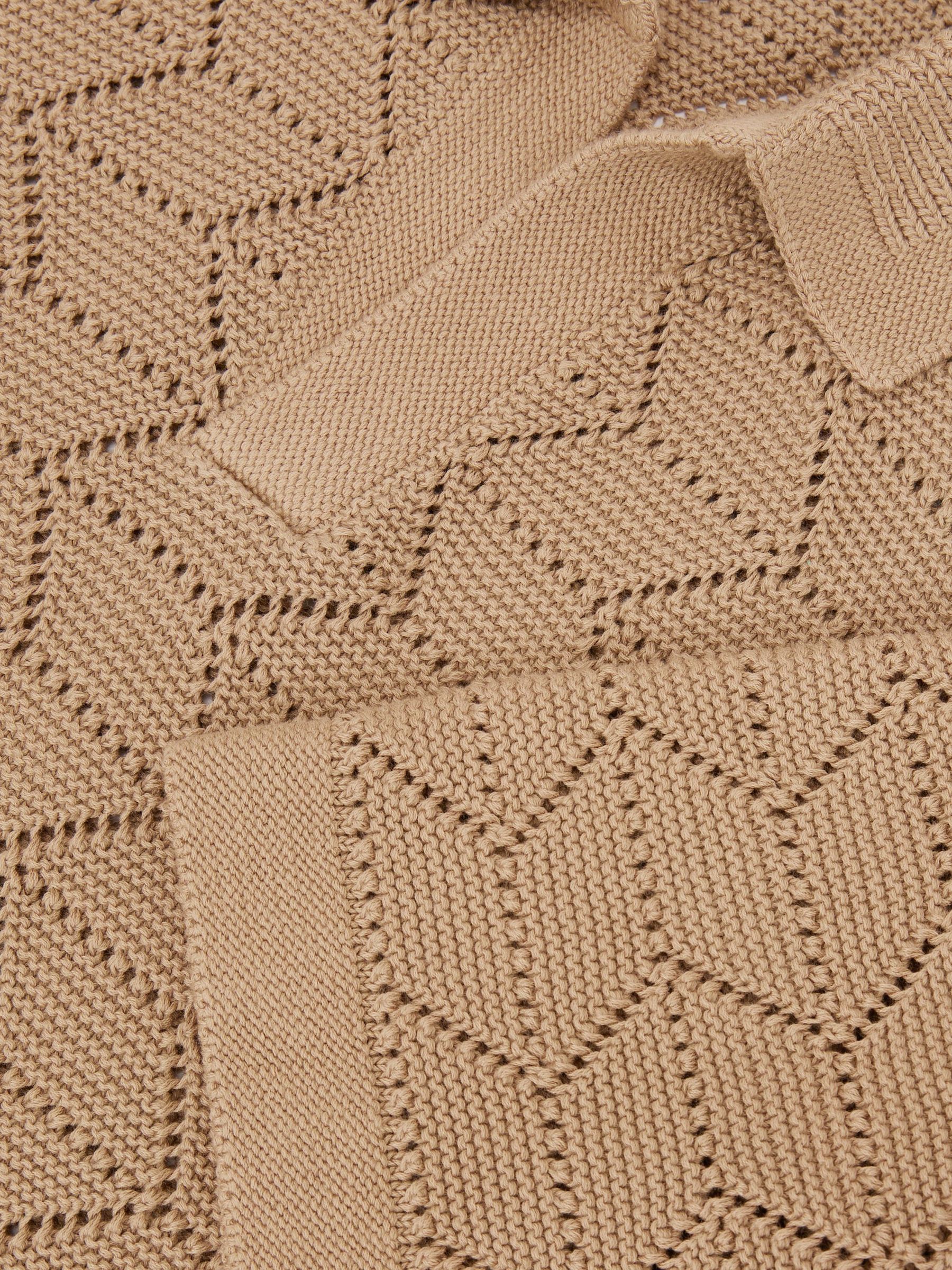 Pointelle-Knit Open-Collar Polo Jumper in Camel - image 3