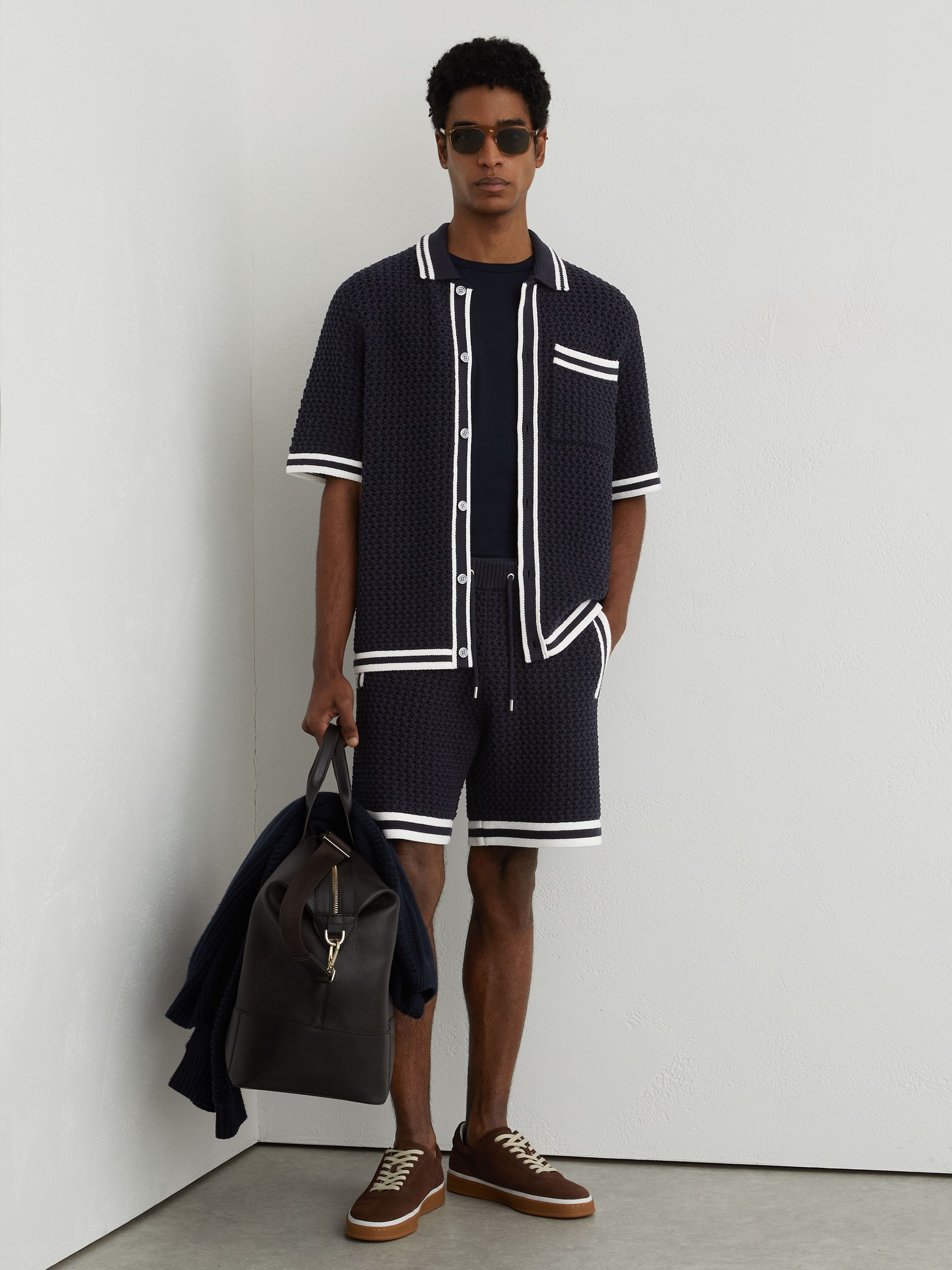 Cotton Crochet Drawstring Shorts in Navy - Image 1 of 6