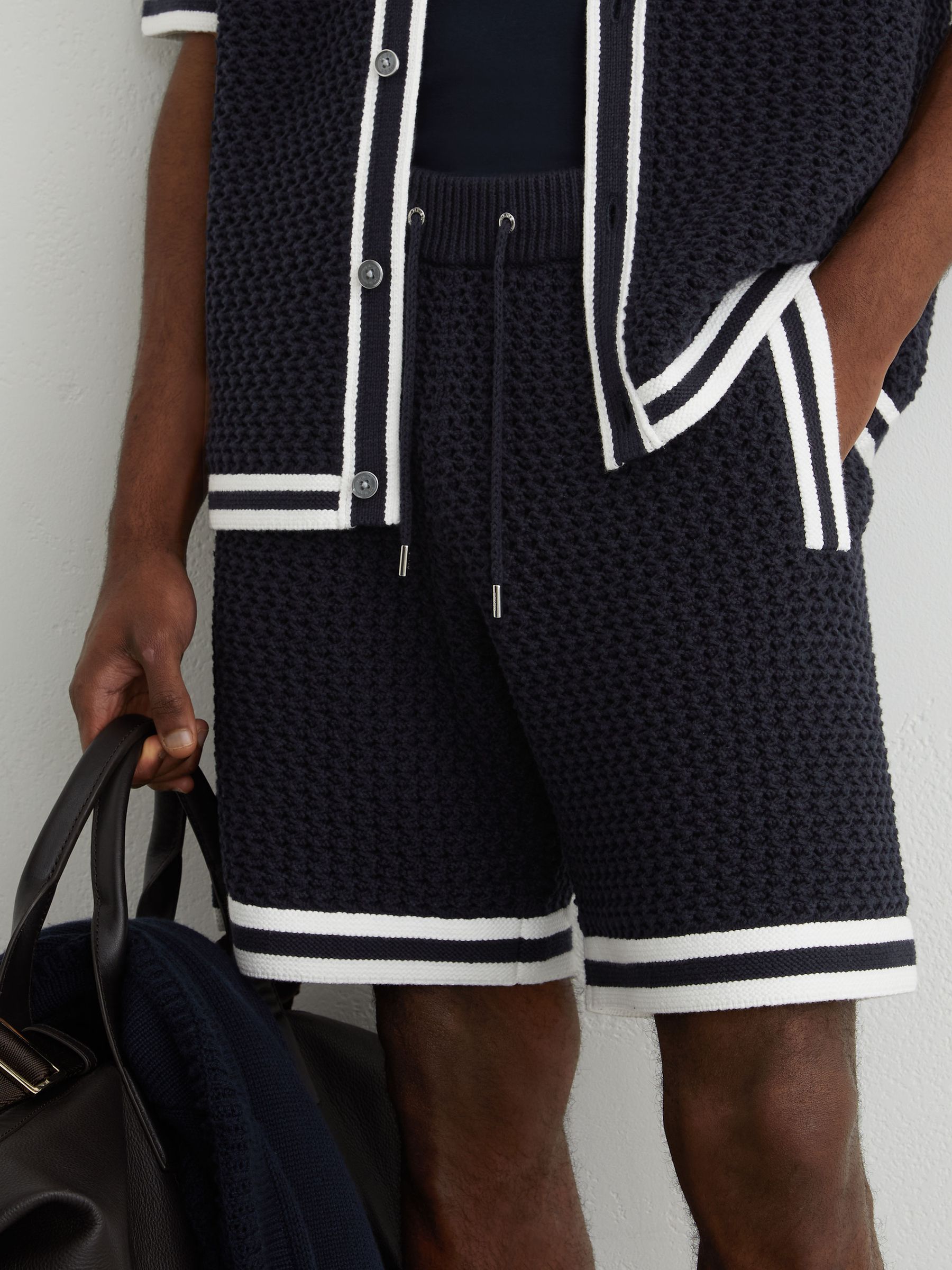 Cotton Crochet Drawstring Shorts in Navy - Image 4 of 6