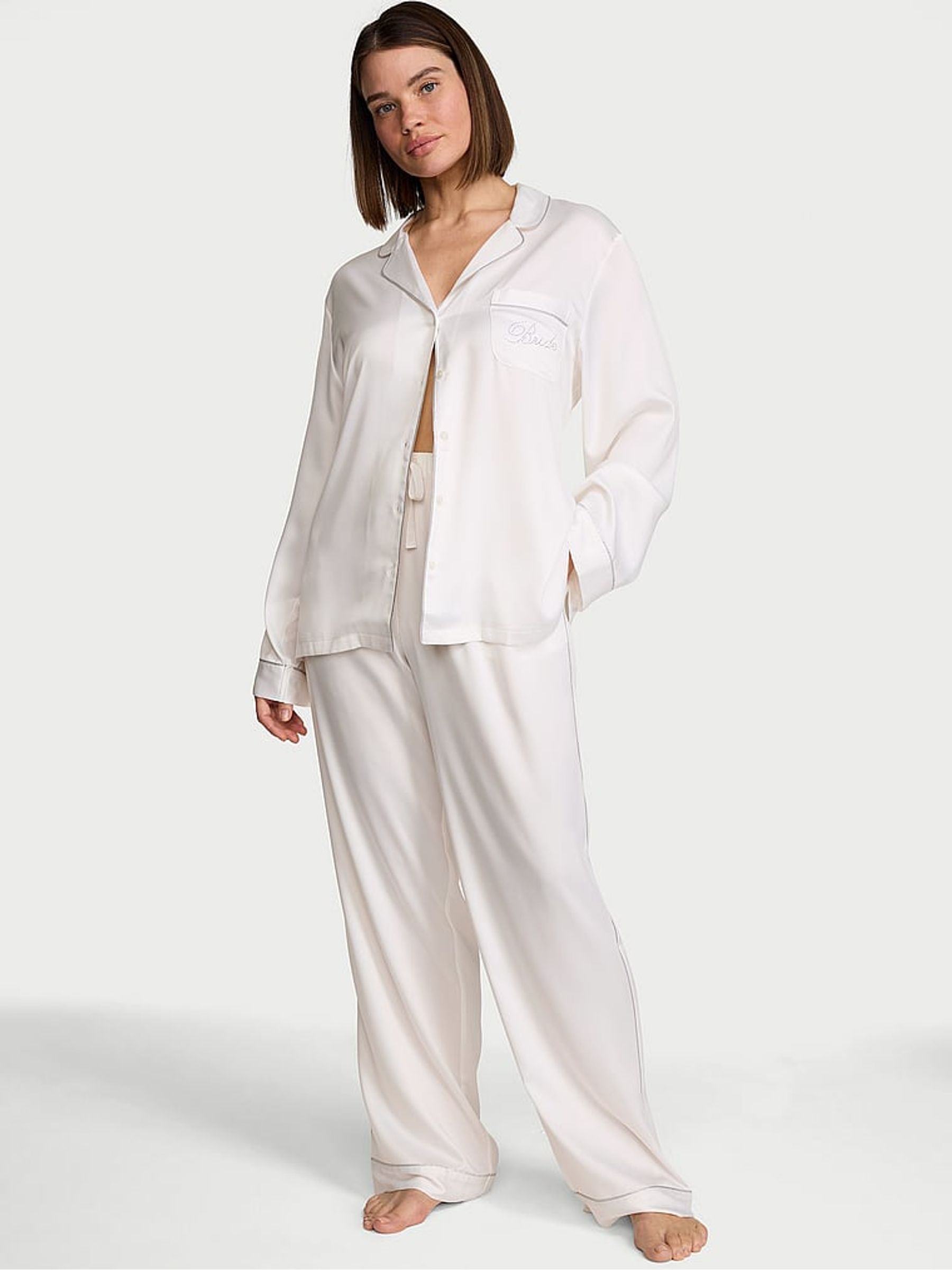 White Bridal Satin Long Pyjamas Set - Image 1 of 3