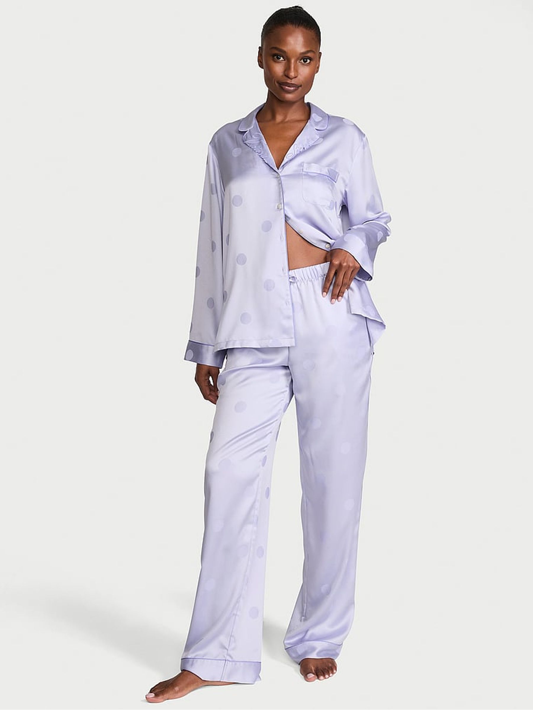 Icy Lavender Purple Dot Satin Long Pyjamas Set - Image 1 of 2