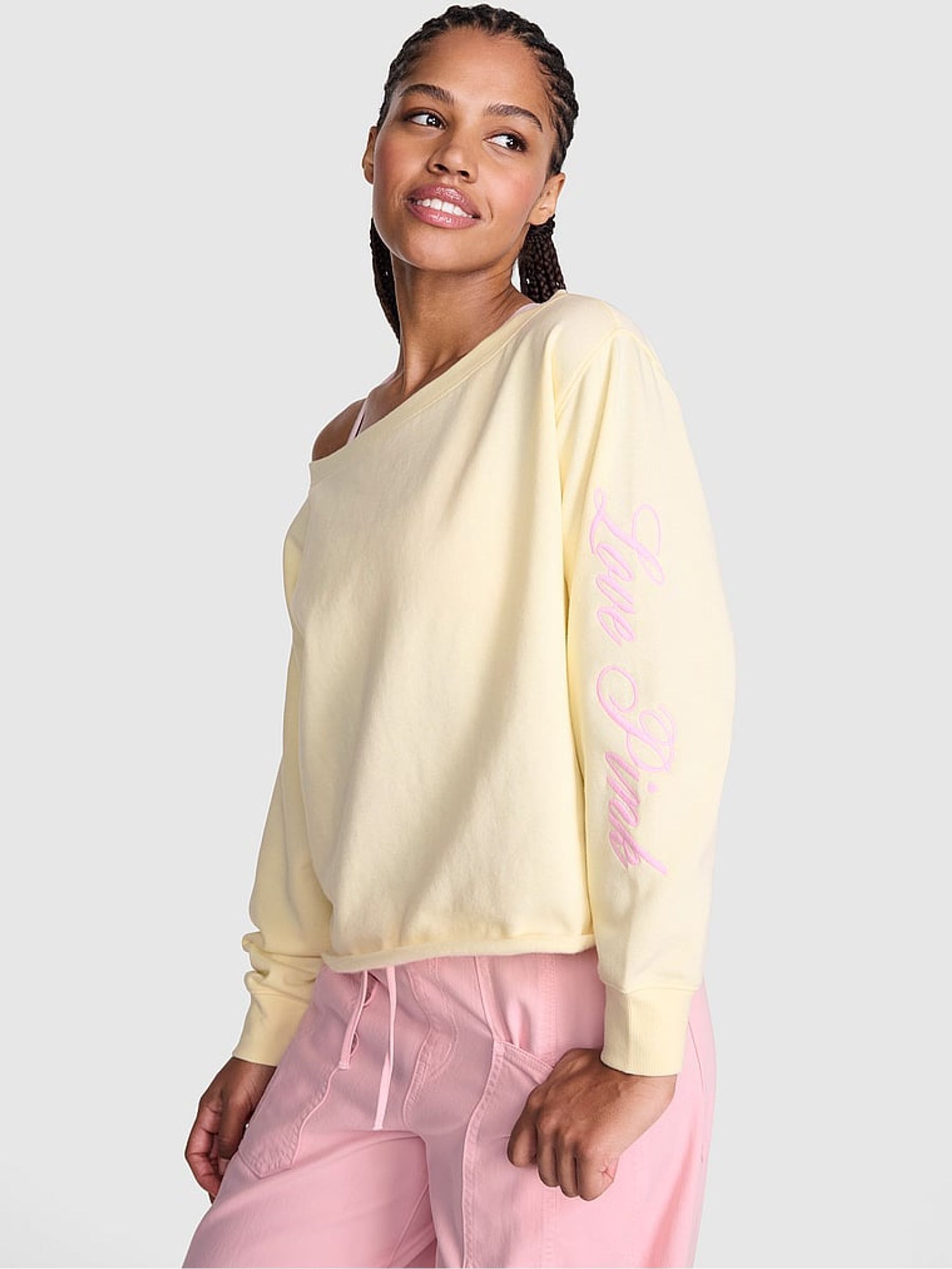 Palest Yellow Off The Shoulder Fleece Sweatshirt - Image 1 of 2 Palest Yellow Off The Shoulder Fleece Sweatshirt - Image 1 of 2