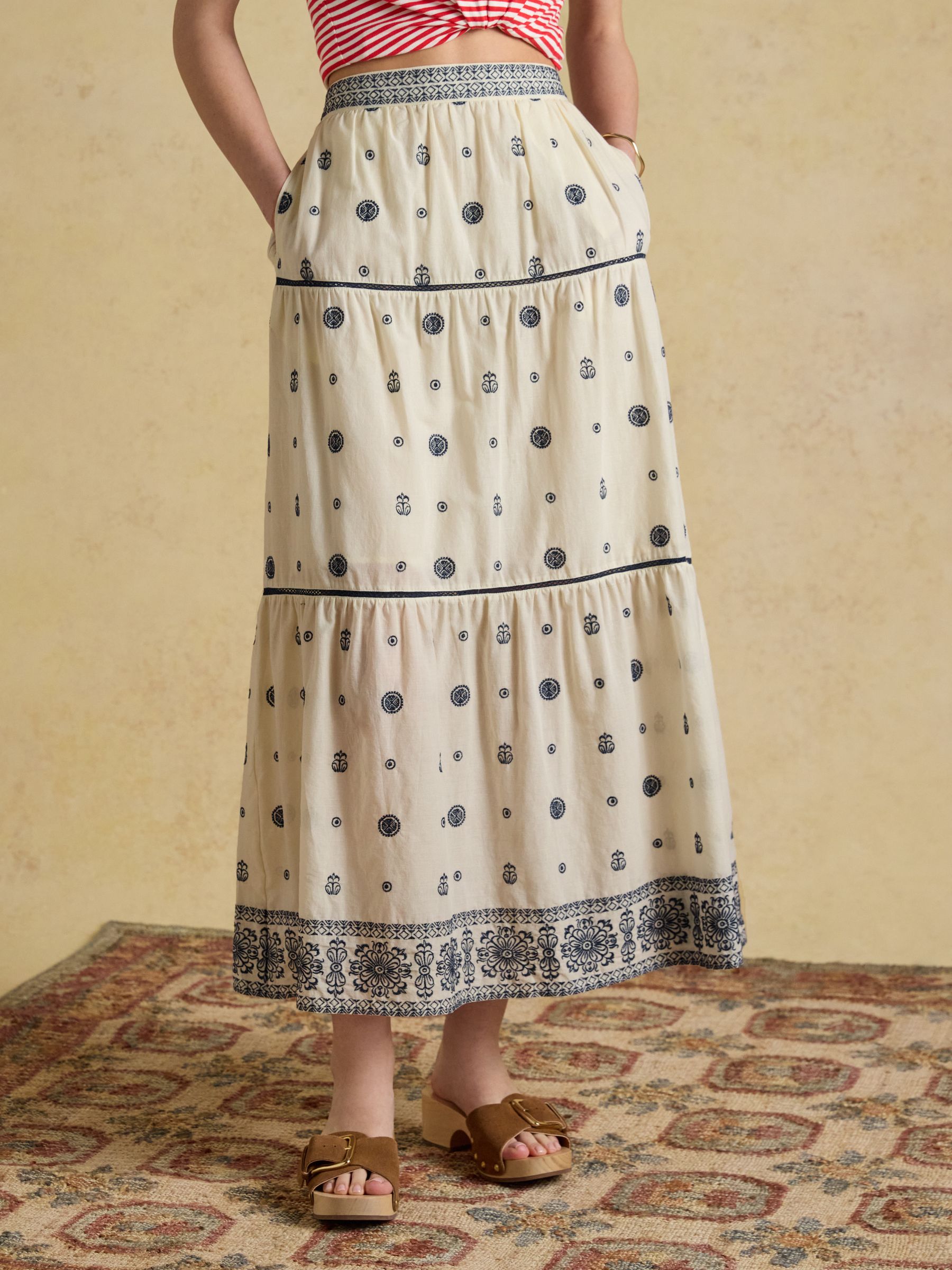 Cream Tiered Embroidered Maxi Skirt - Image 1 of 6 Cream Tiered Embroidered Maxi Skirt - Image 1 of 6
