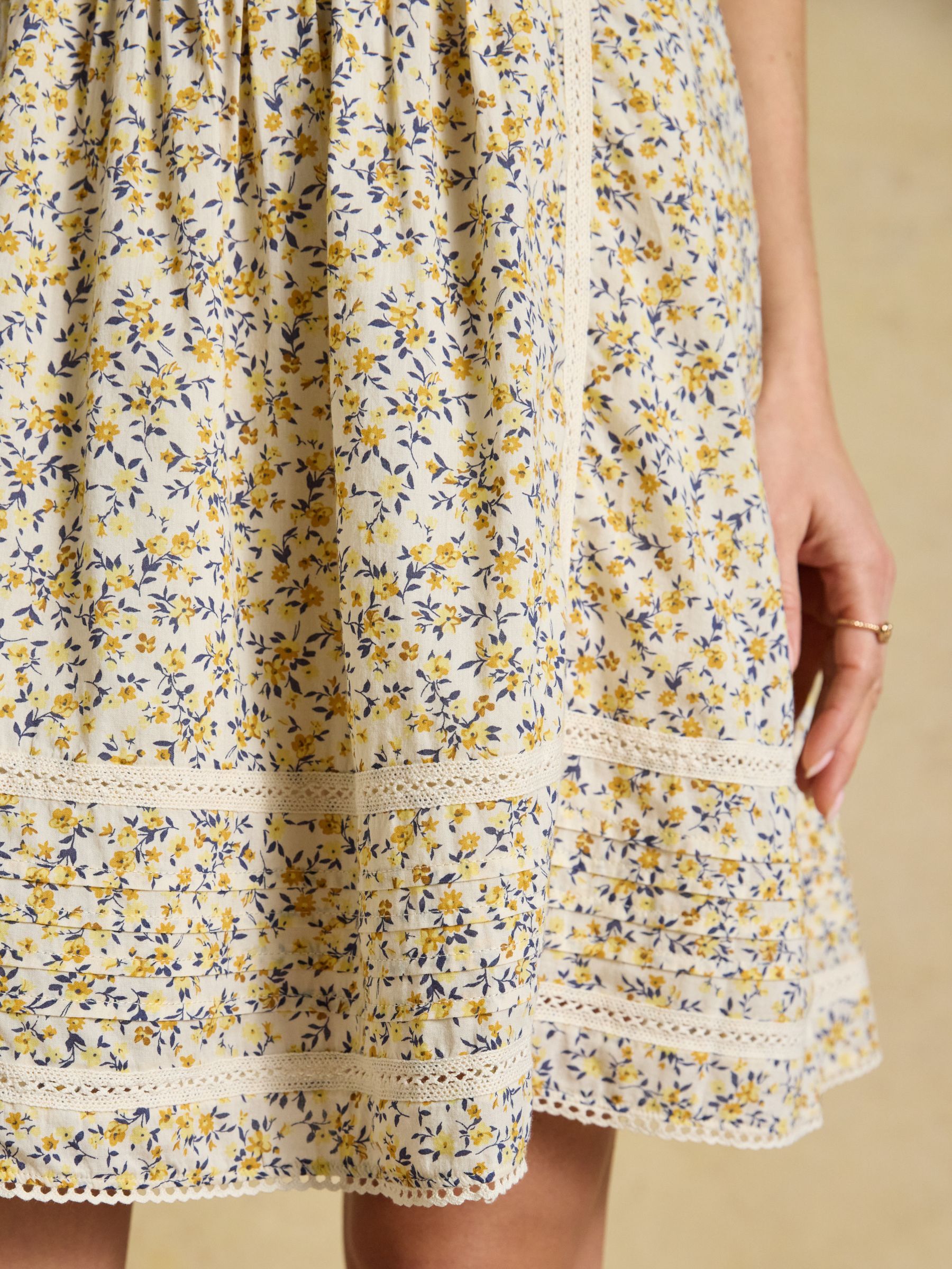 Olivia Yellow Ditsy Short V-Neck Dress With Trim Detail - Image 11 of 12