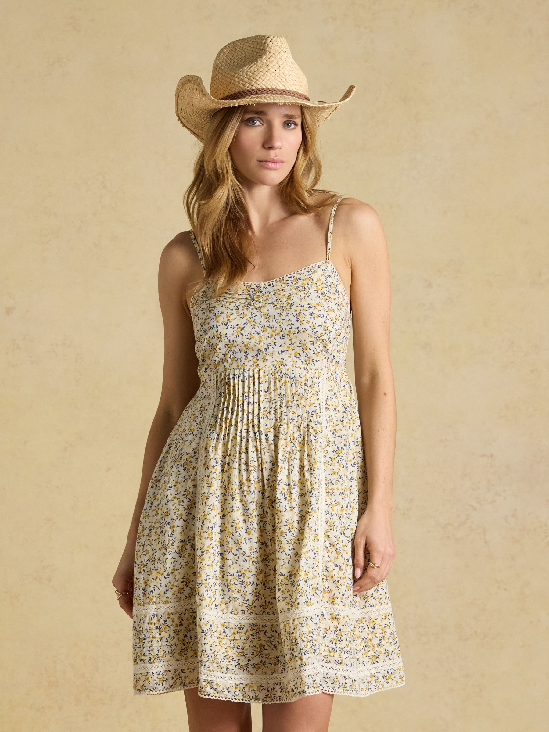Olivia Yellow Ditsy Short V-Neck Dress With Trim Detail - Image 5 of 12