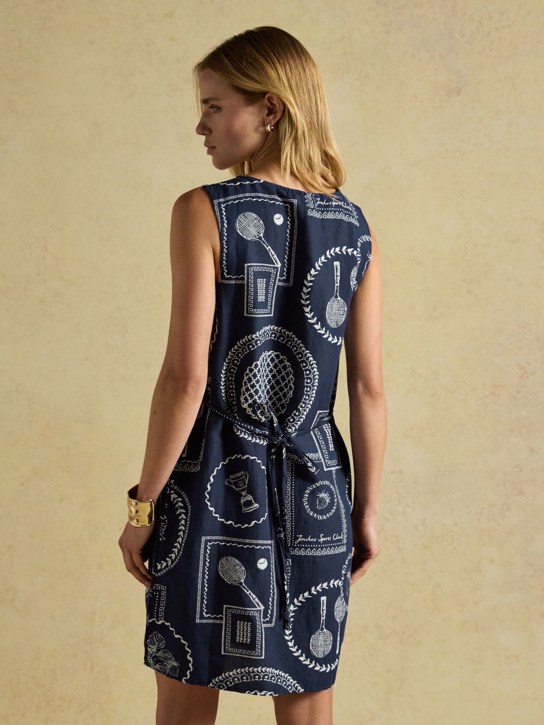 Delphine Navy Tennis Print V Neck Dress With Linen - Image 2 of 8
