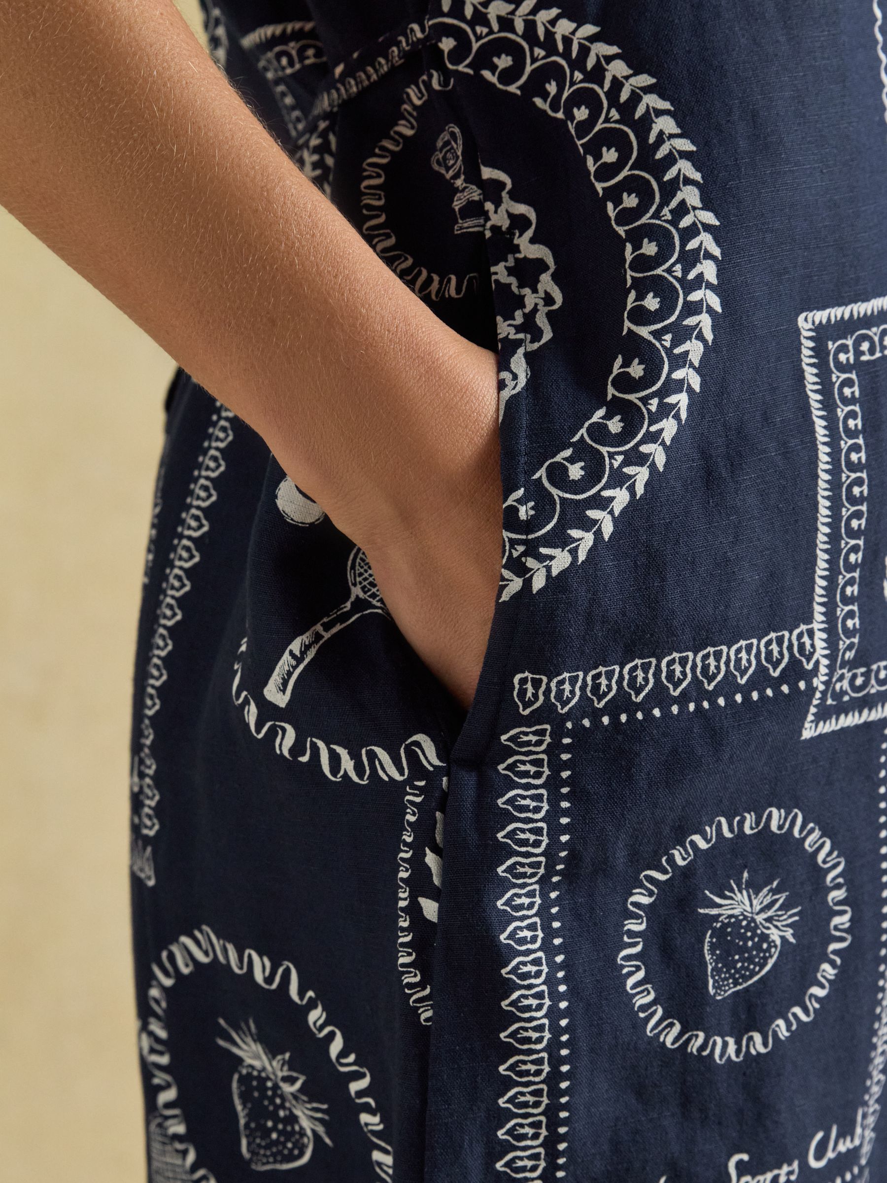 Delphine Navy Tennis Print V Neck Dress With Linen - Image 5 of 8