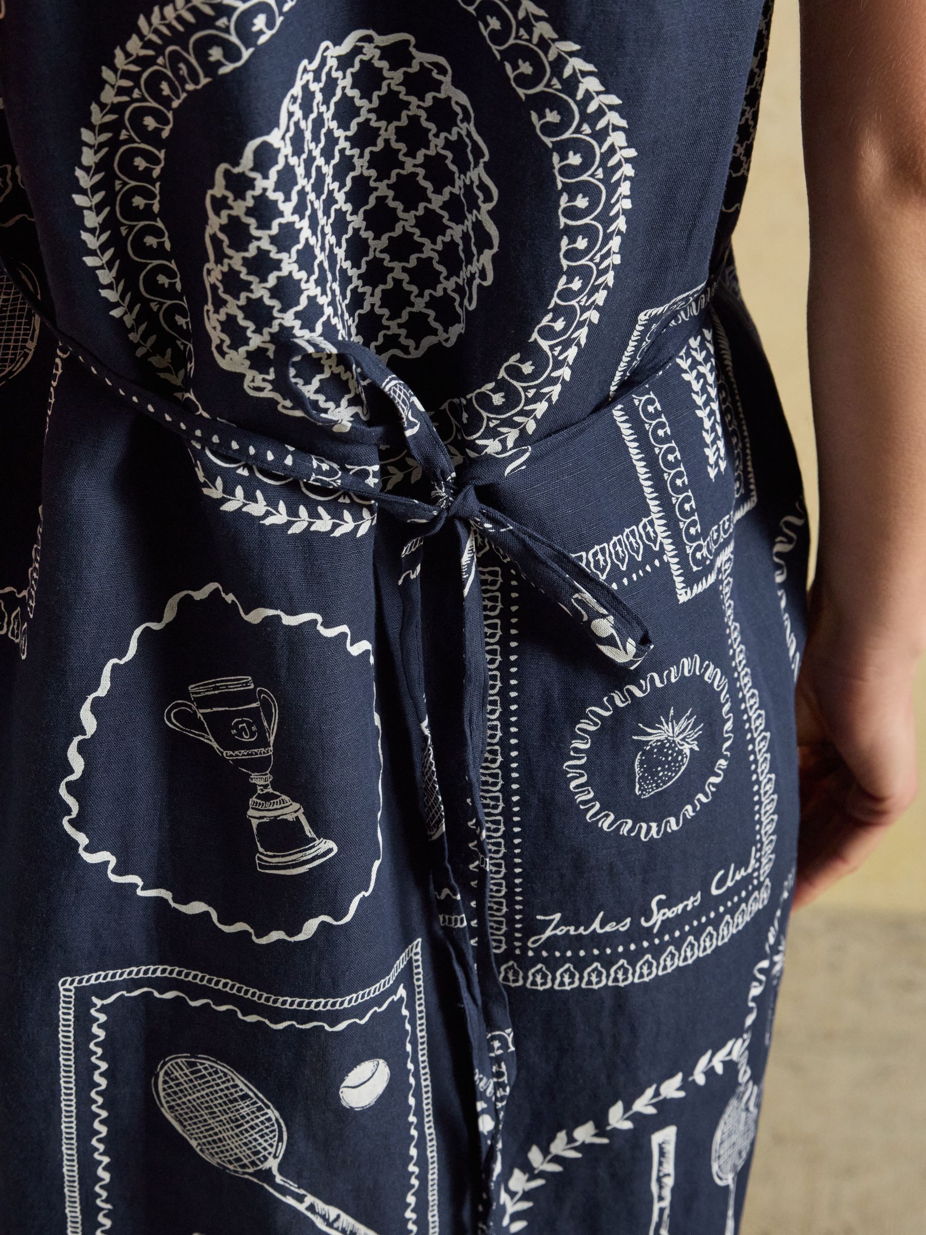 Delphine Navy Tennis Print V Neck Dress With Linen - Image 7 of 8