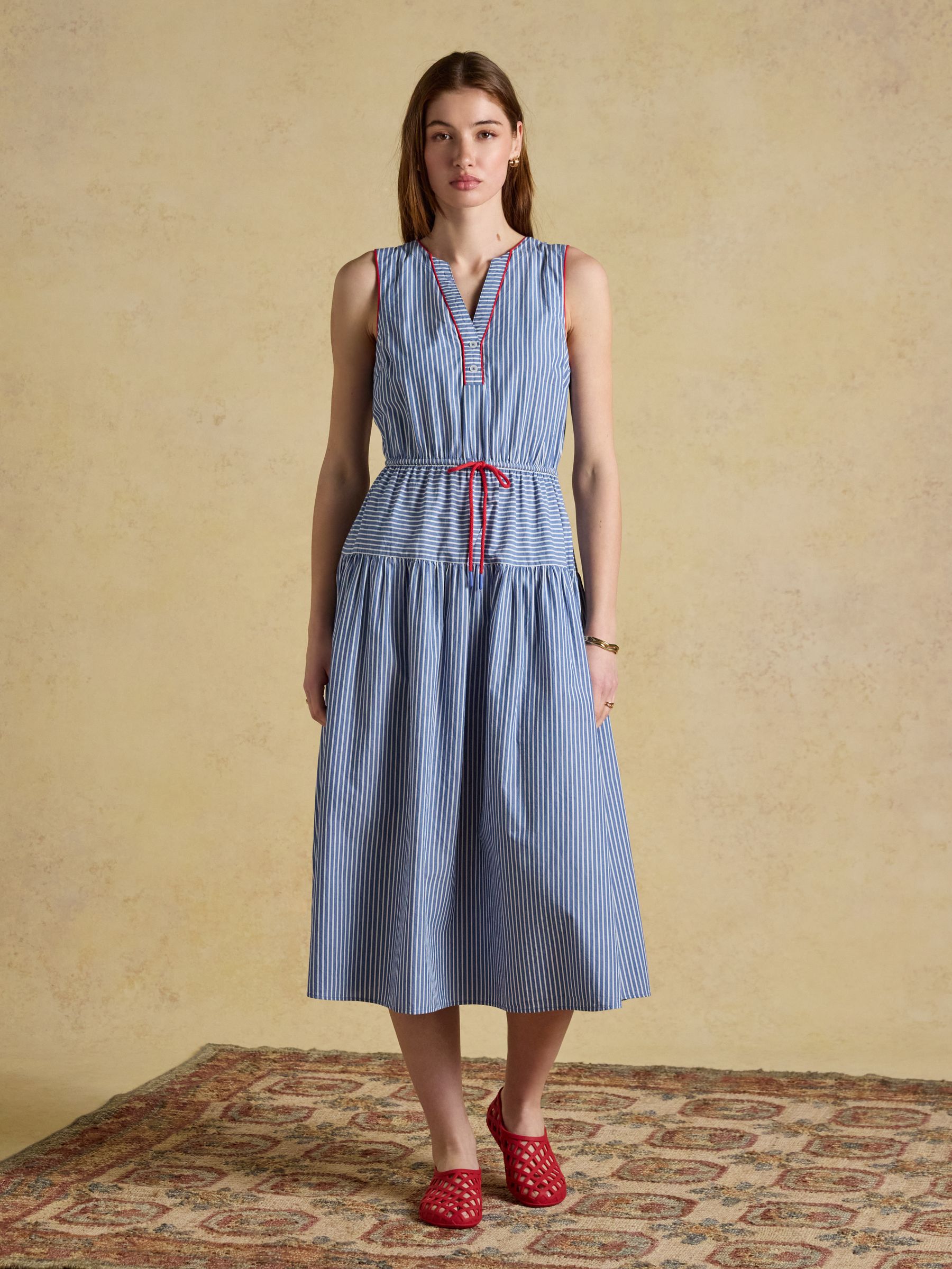 Clara Blue Striped Dropped Waist Summer Midi Dress - Image 1 of 8