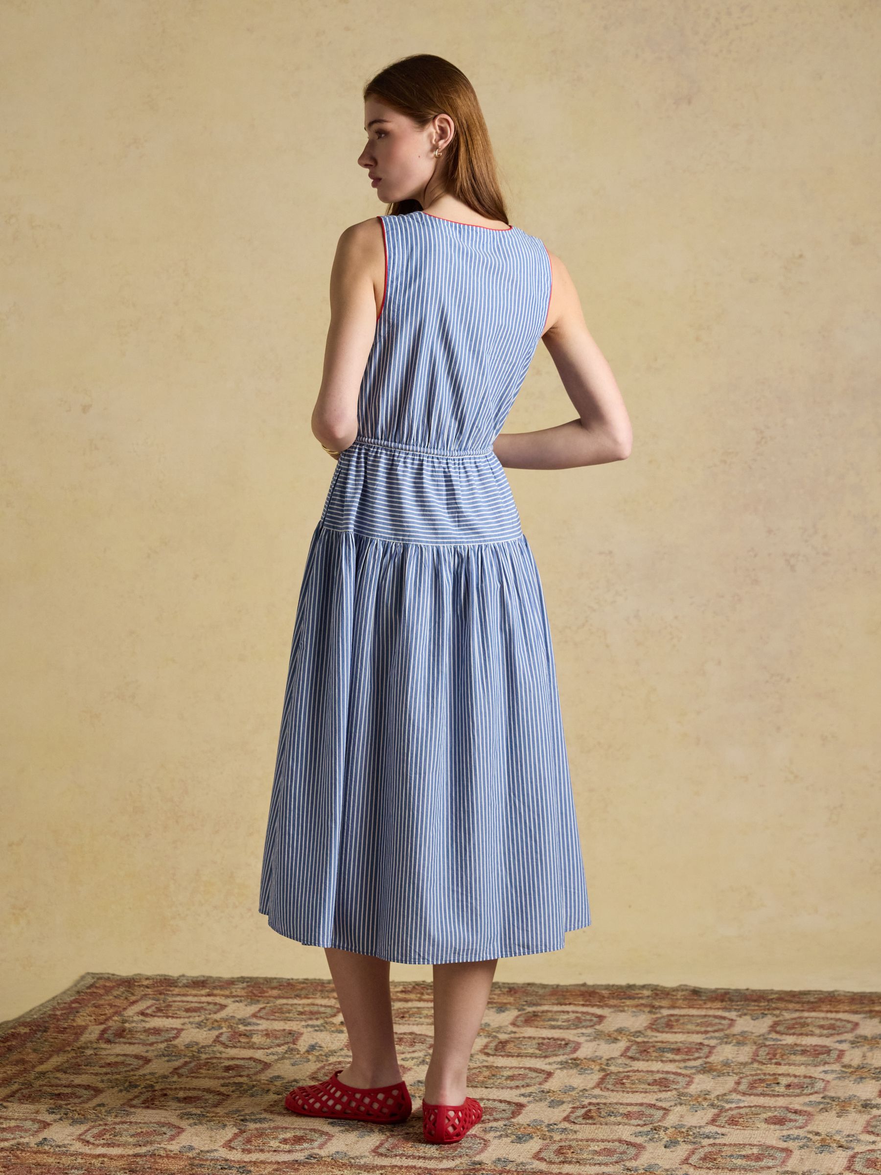 Clara Blue Striped Dropped Waist Summer Midi Dress - Image 2 of 8